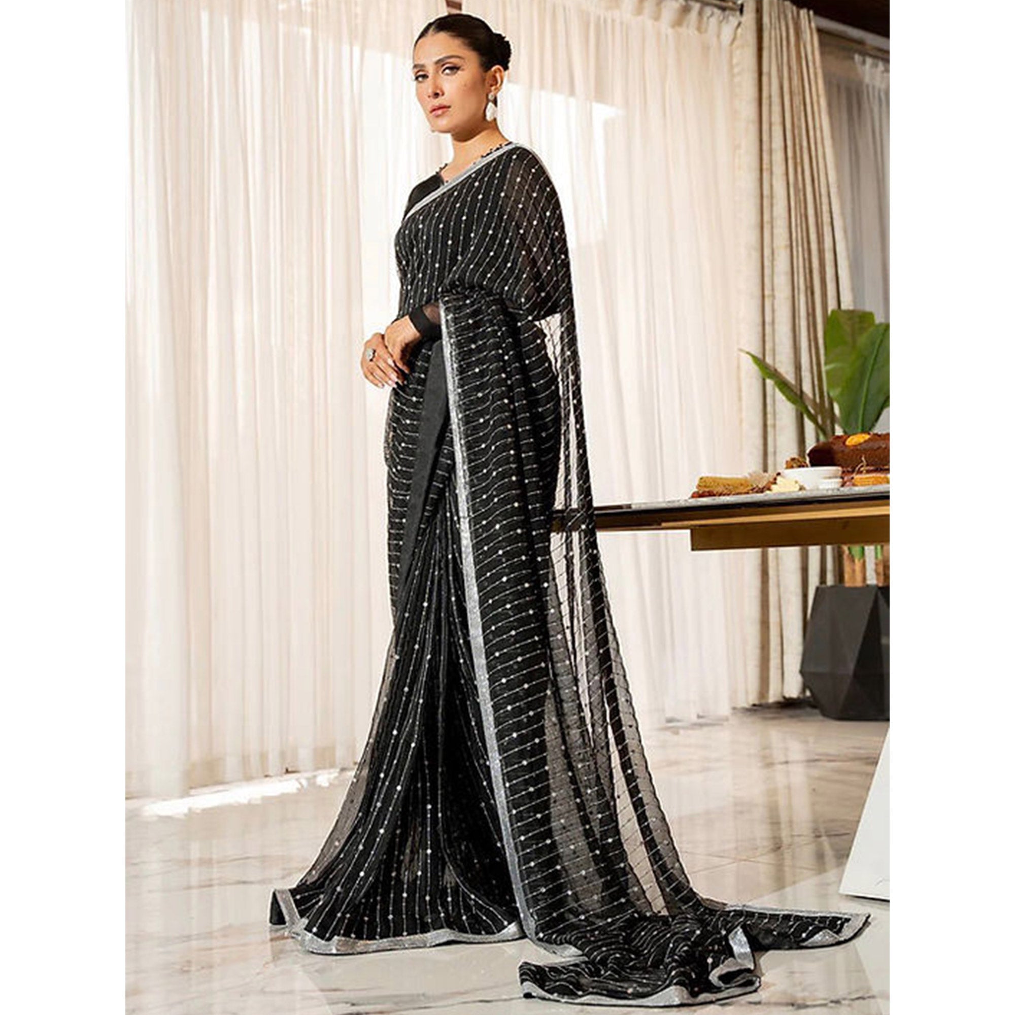 Black Sequins Embroidered Georgette Saree