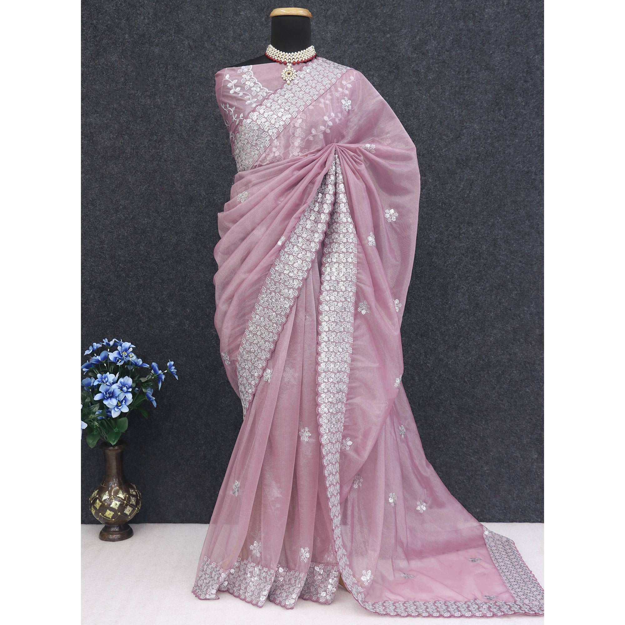 Mauve Floral Embroidered Net Saree