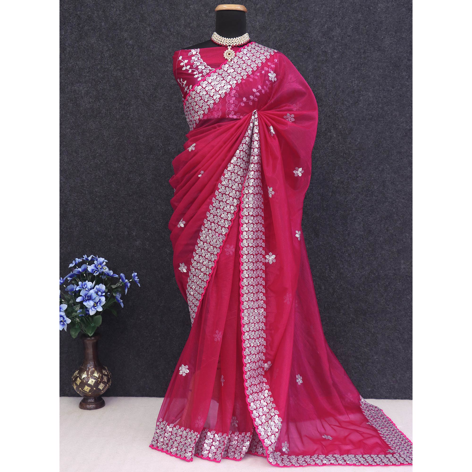 Pink Floral Embroidered Net Saree