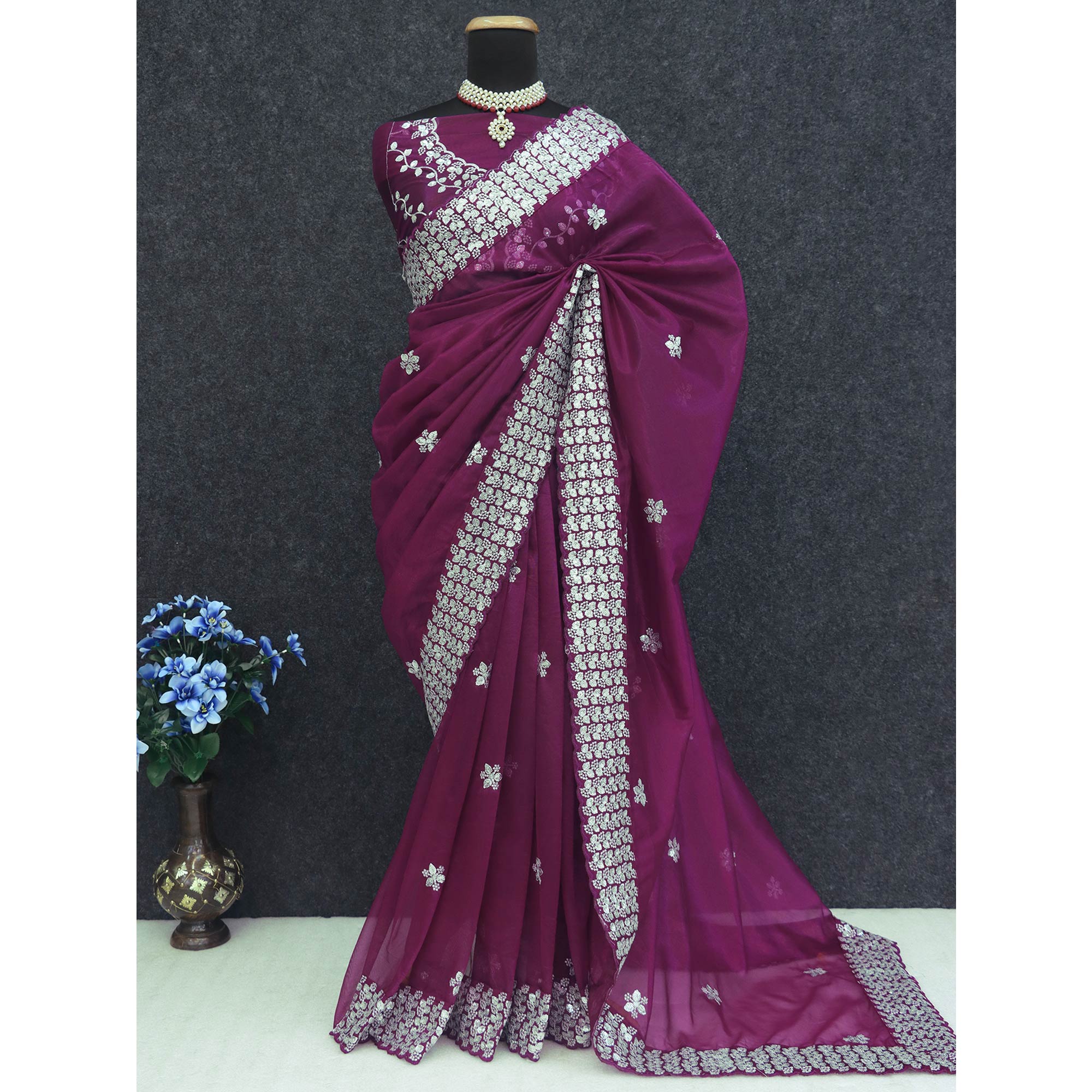 Purple Floral Embroidered Net Saree