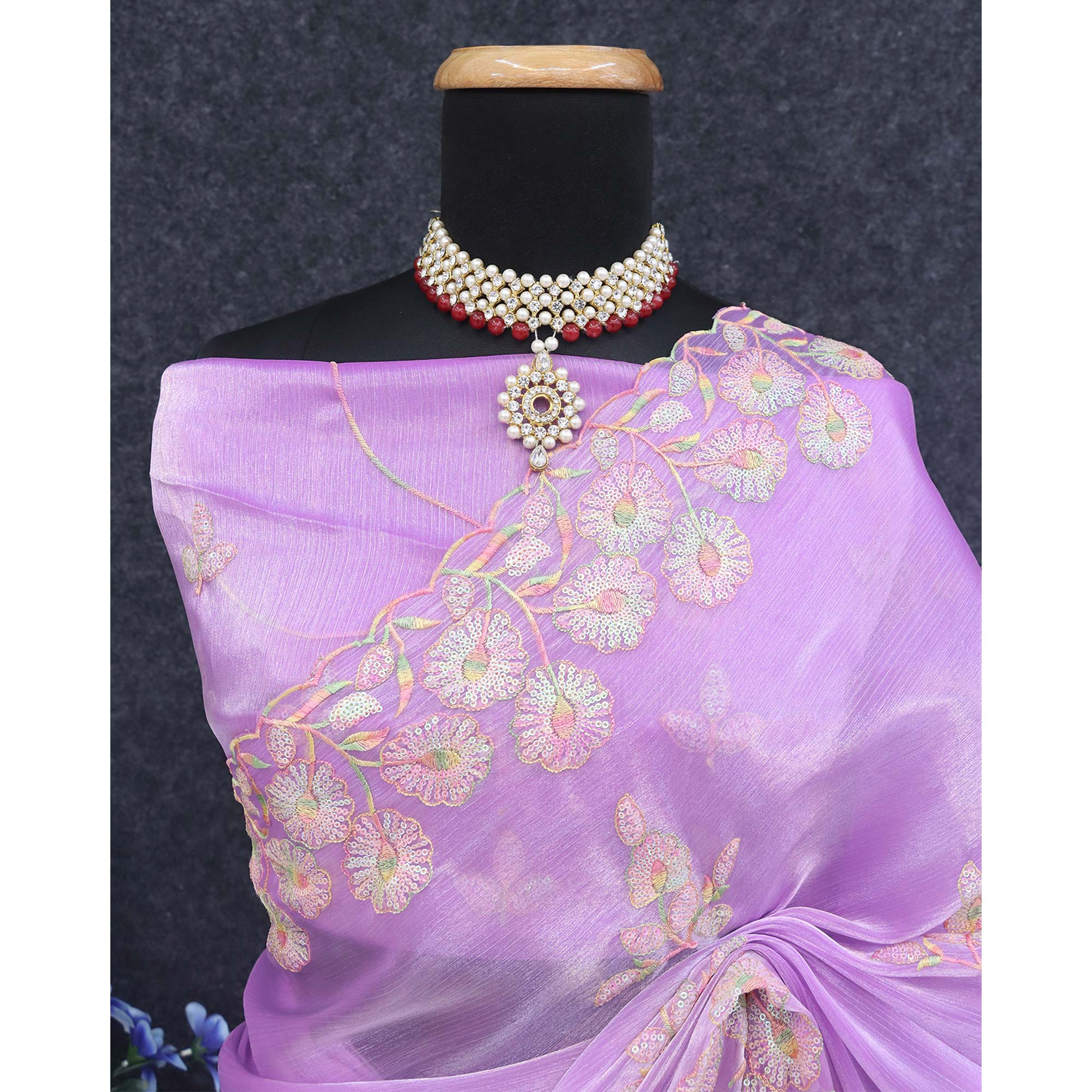 Purple Sequins Embroidered Chiffon Saree