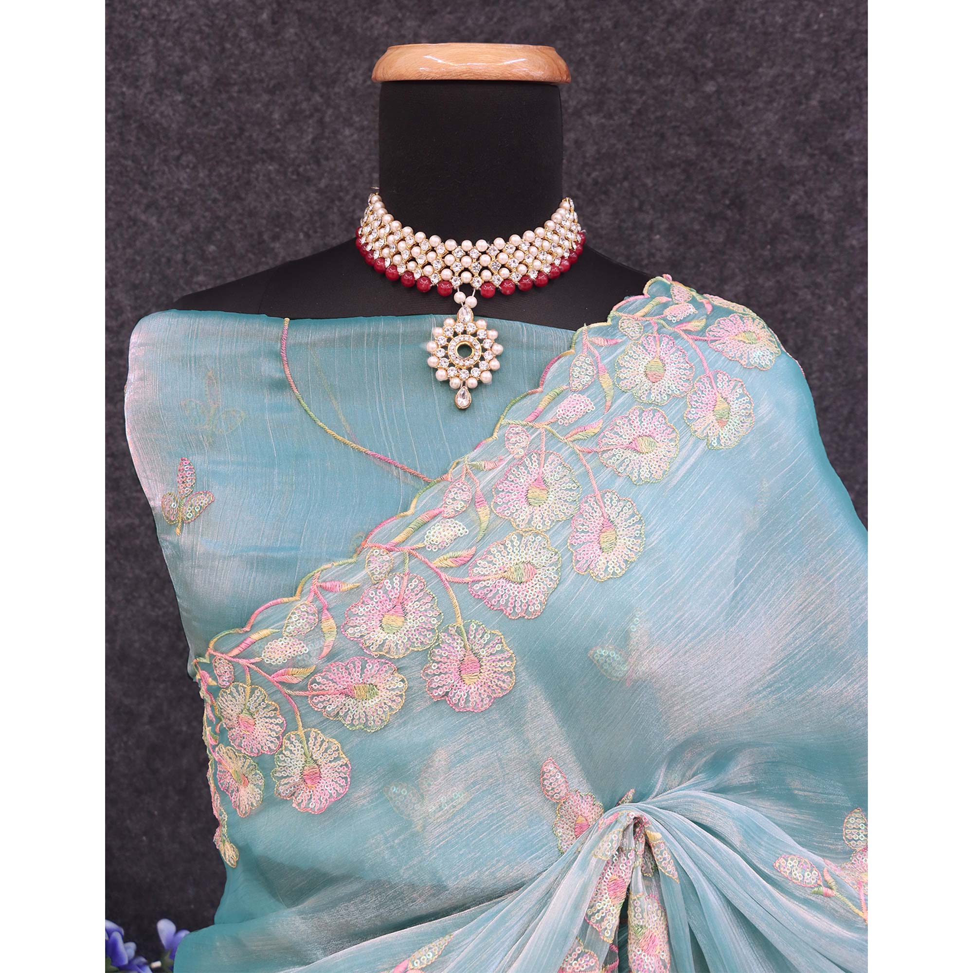 Sky Blue Sequins Embroidered Chiffon Saree