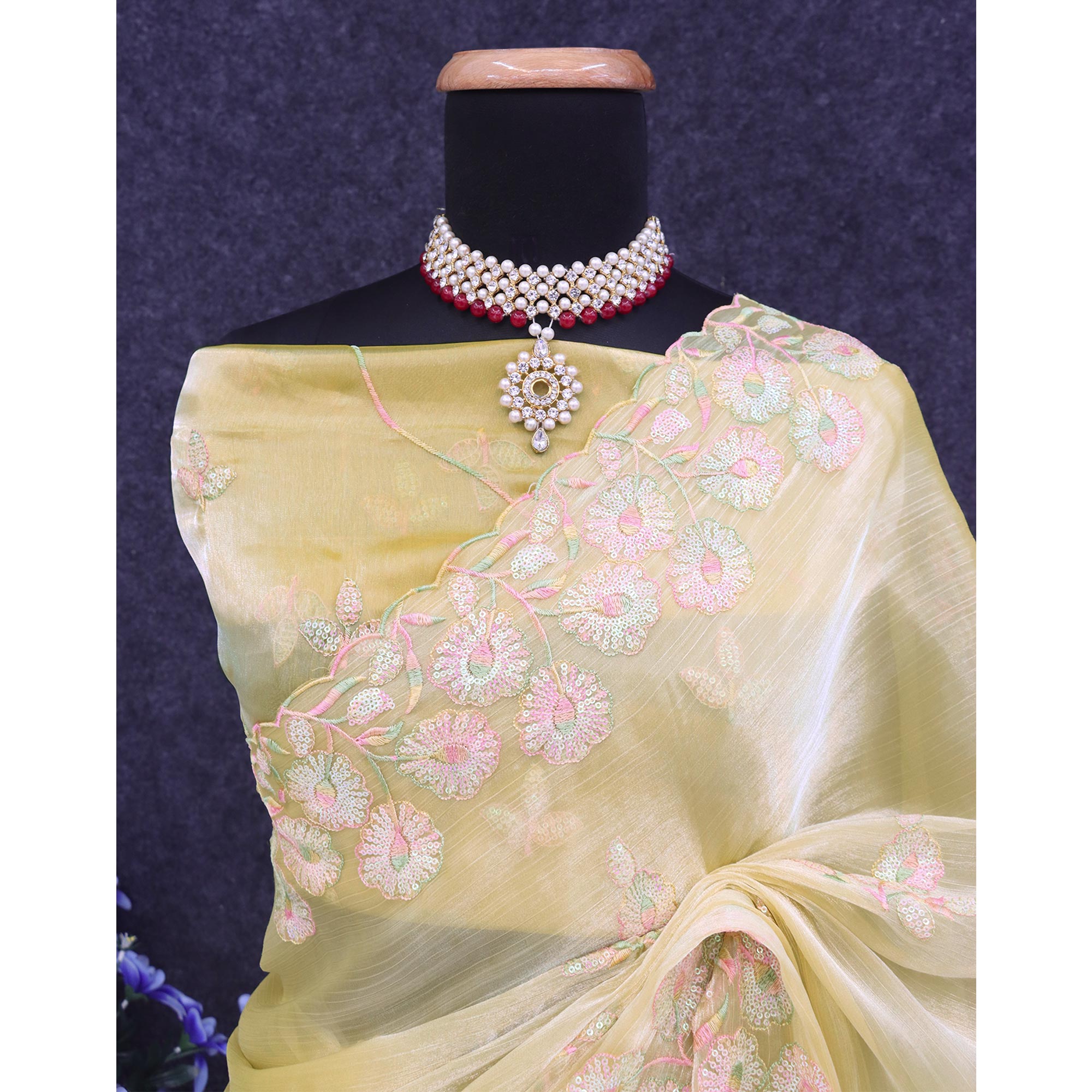 Yellow Sequins Embroidered Chiffon Saree
