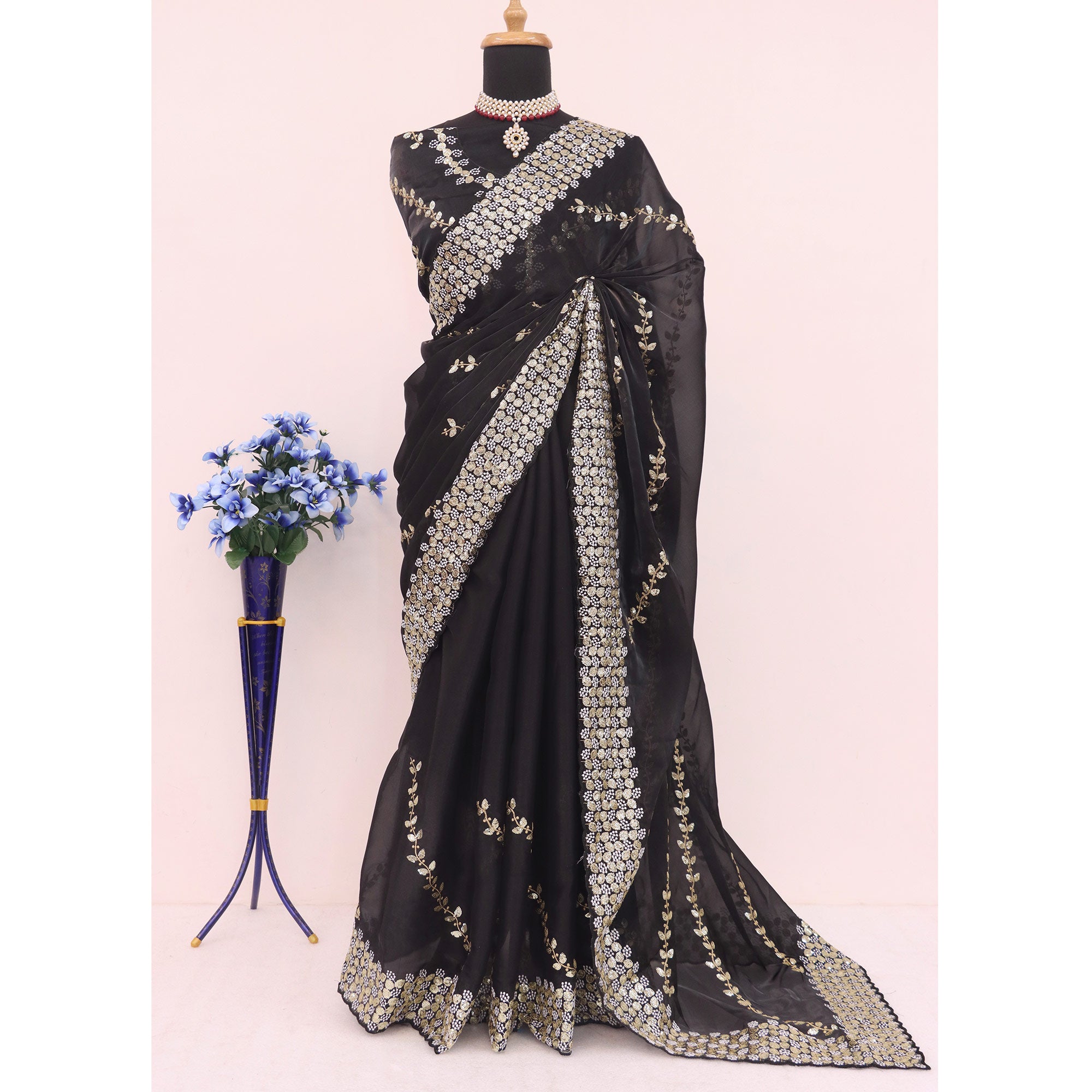 Black Sequins Embroidered Satin Saree
