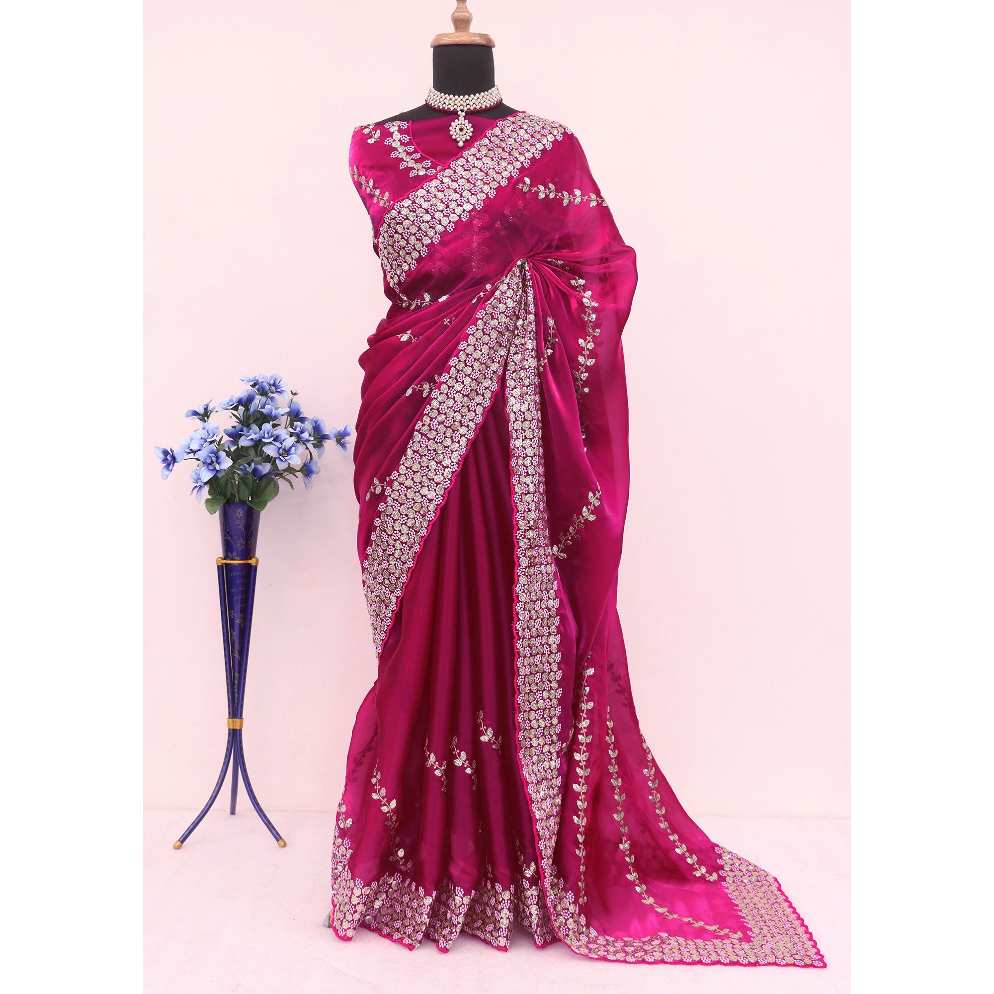 Pink Sequins Embroidered Satin Saree