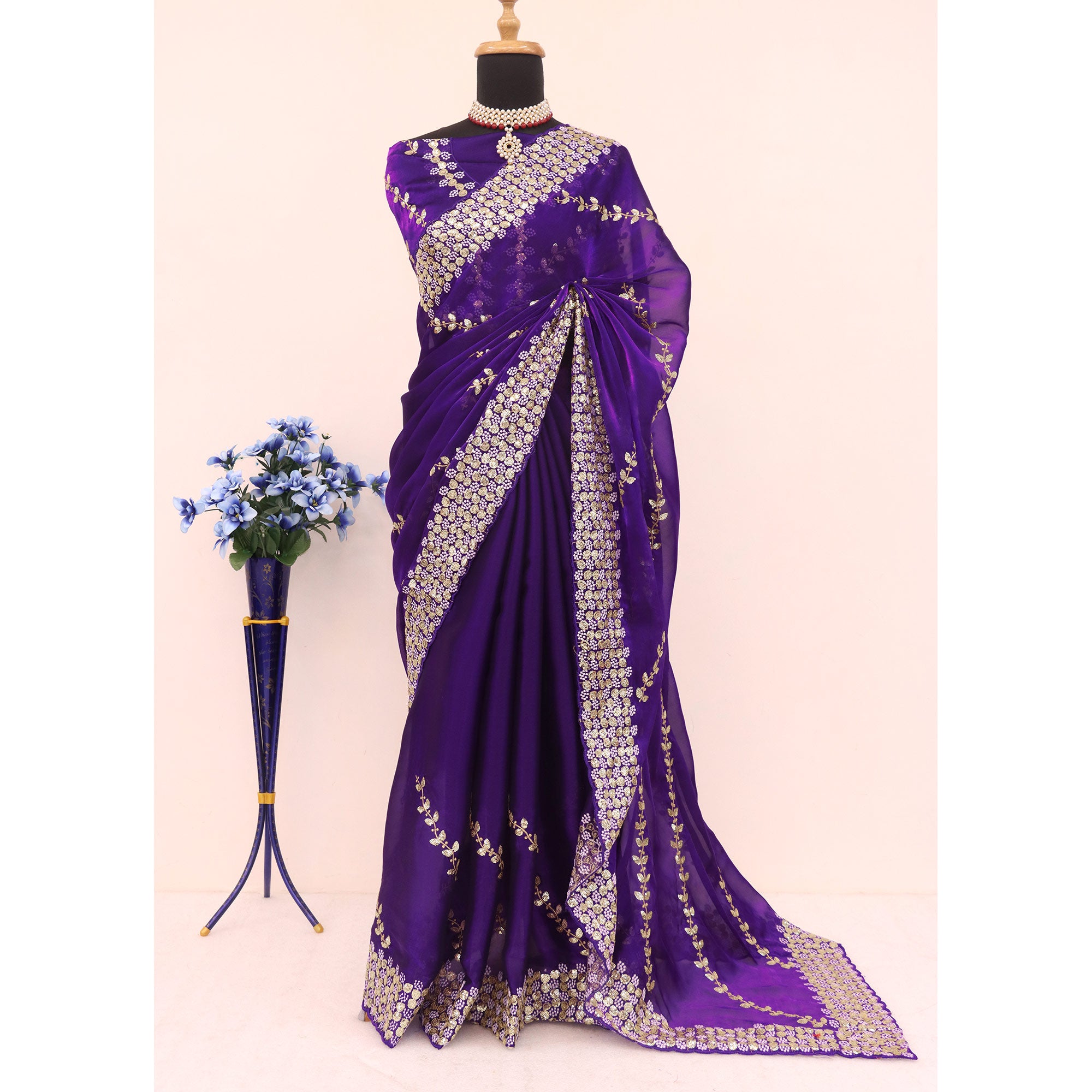 Purple Sequins Embroidered Satin Saree