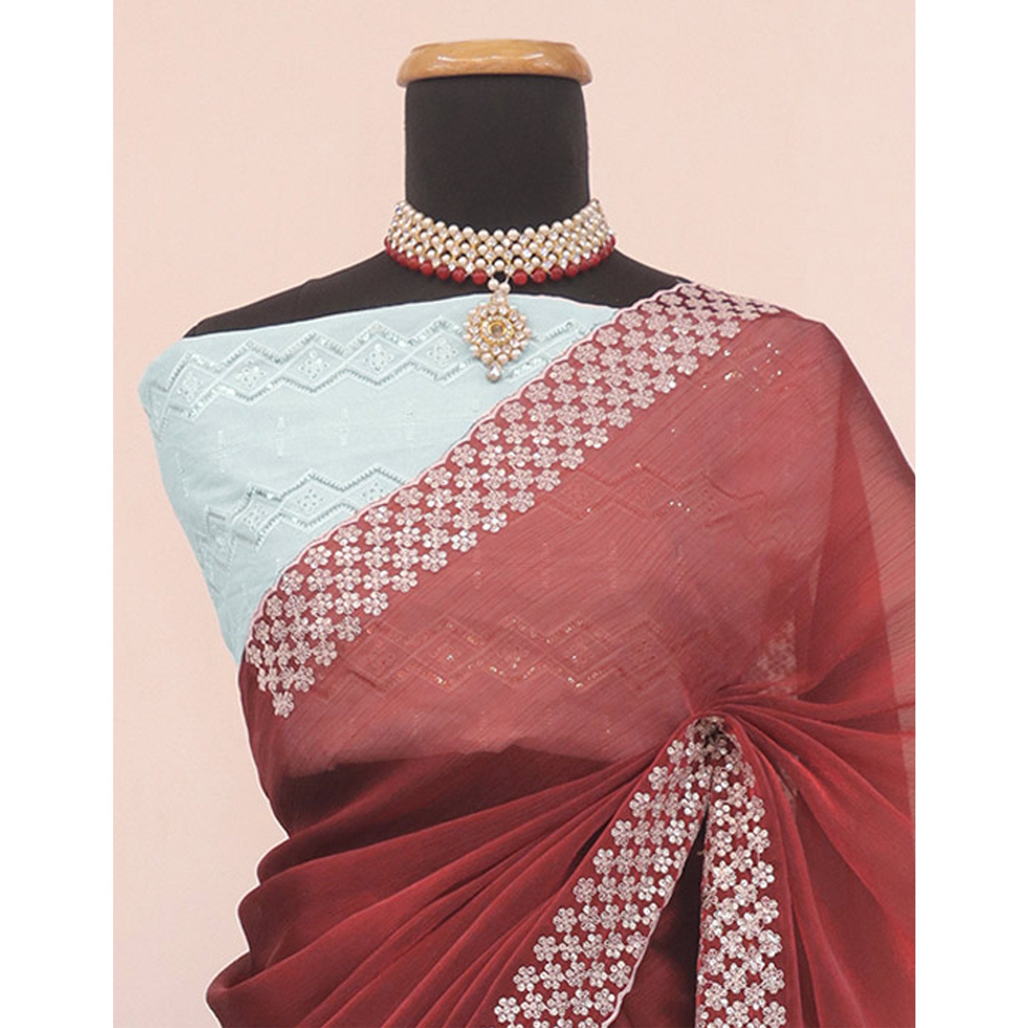 Maroon Sequins Embroidered Chiffon Saree