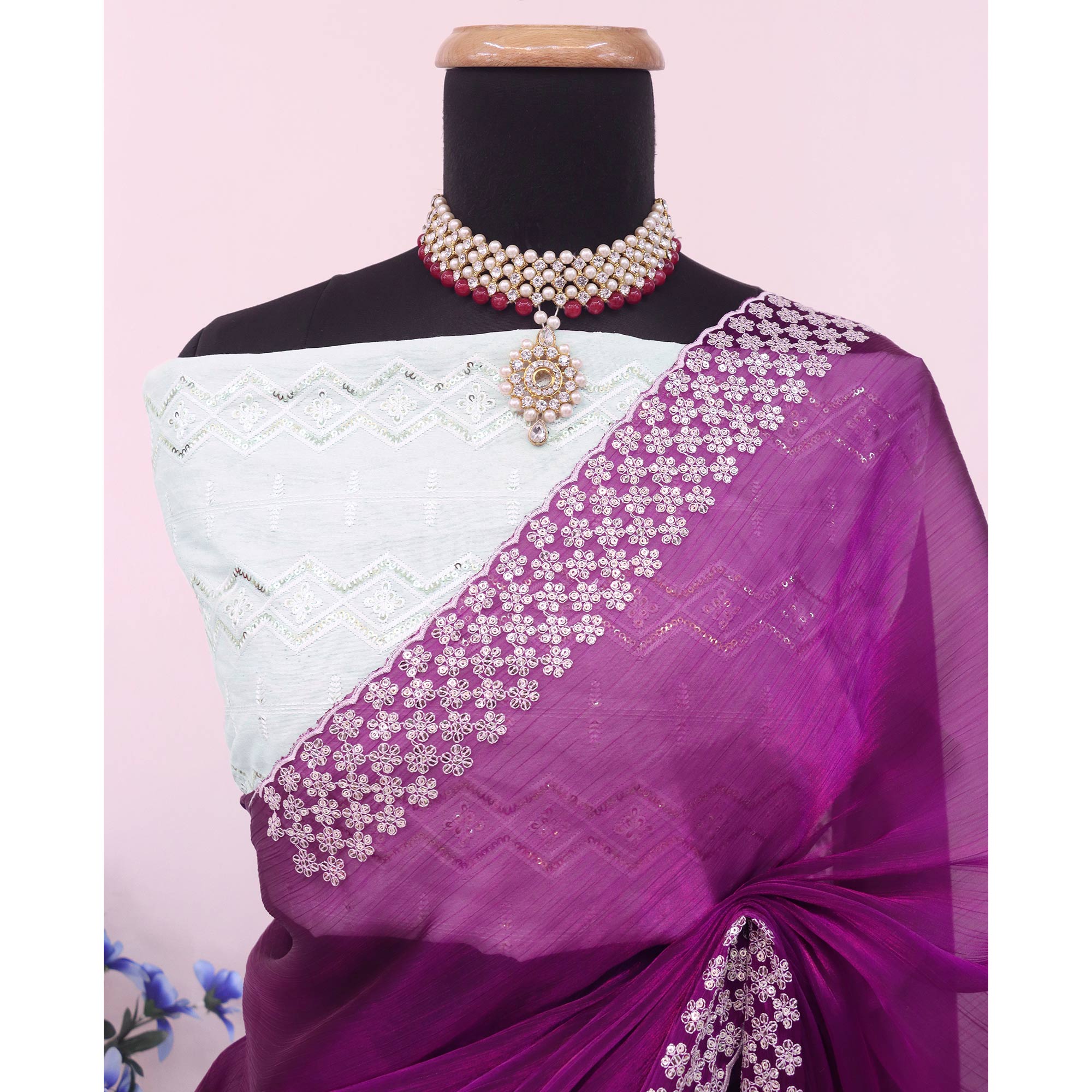 Purple Sequins Embroidered Chiffon Saree