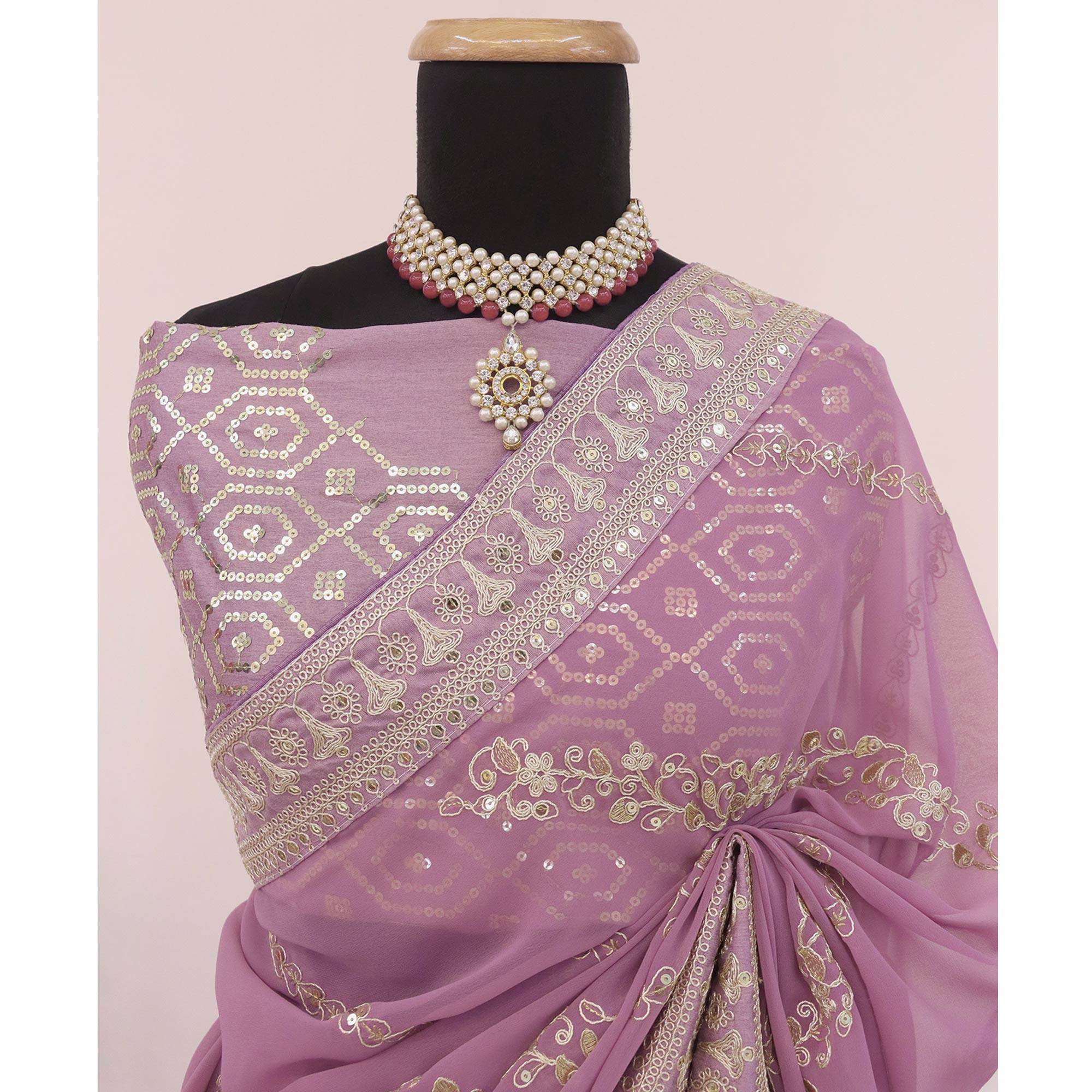 Onion Pink Sequins Embroidered Georgette Saree