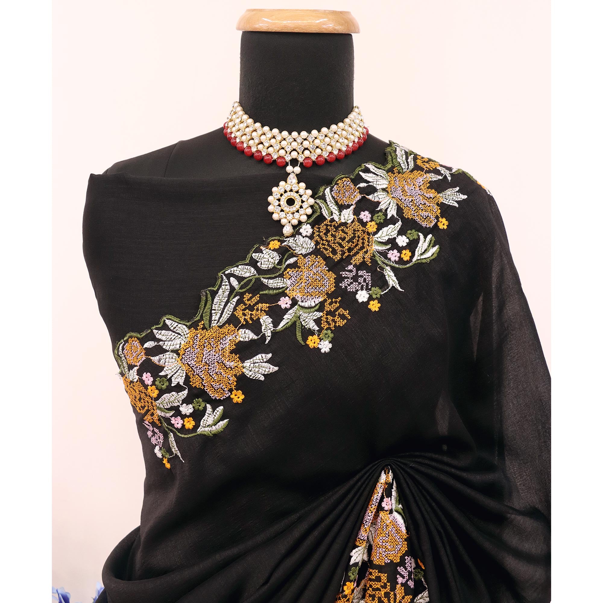 Black Embroidery Vichitra Silk Saree With Floral Border