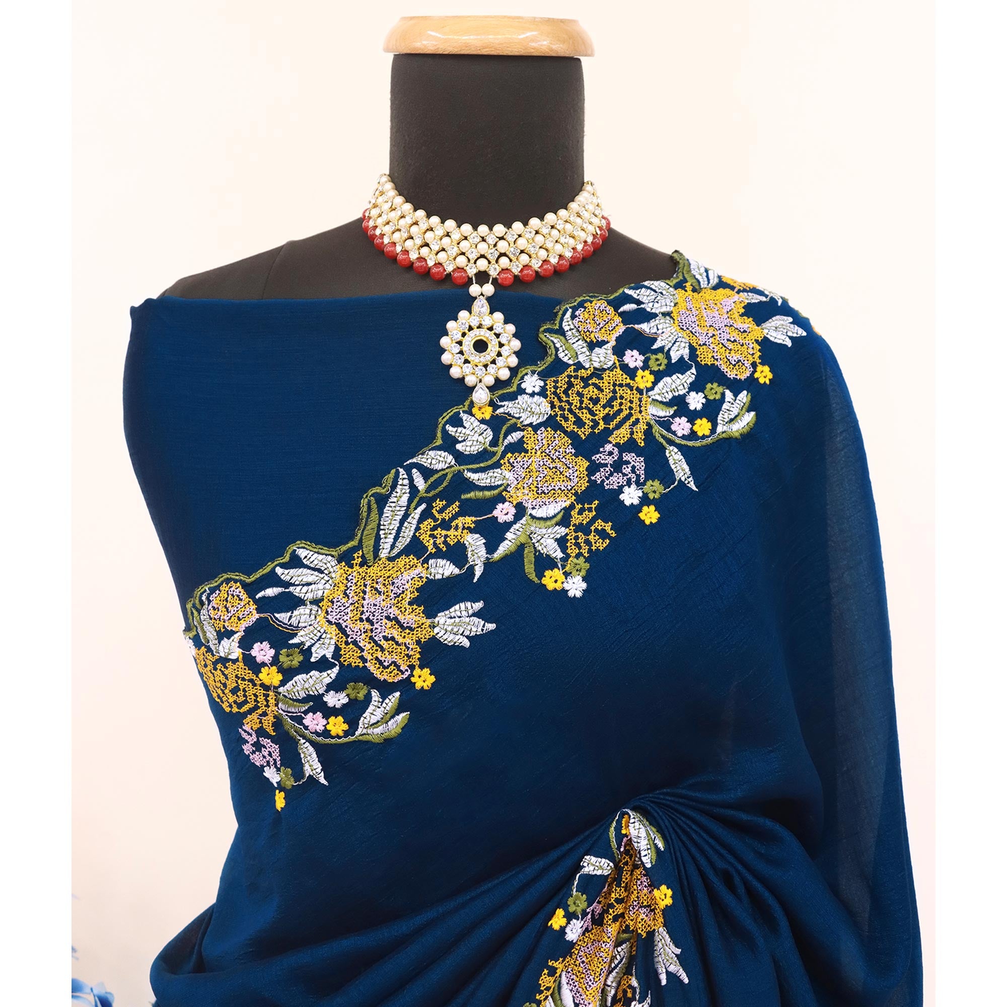 Blue Embroidery Vichitra Silk Saree With Floral Border