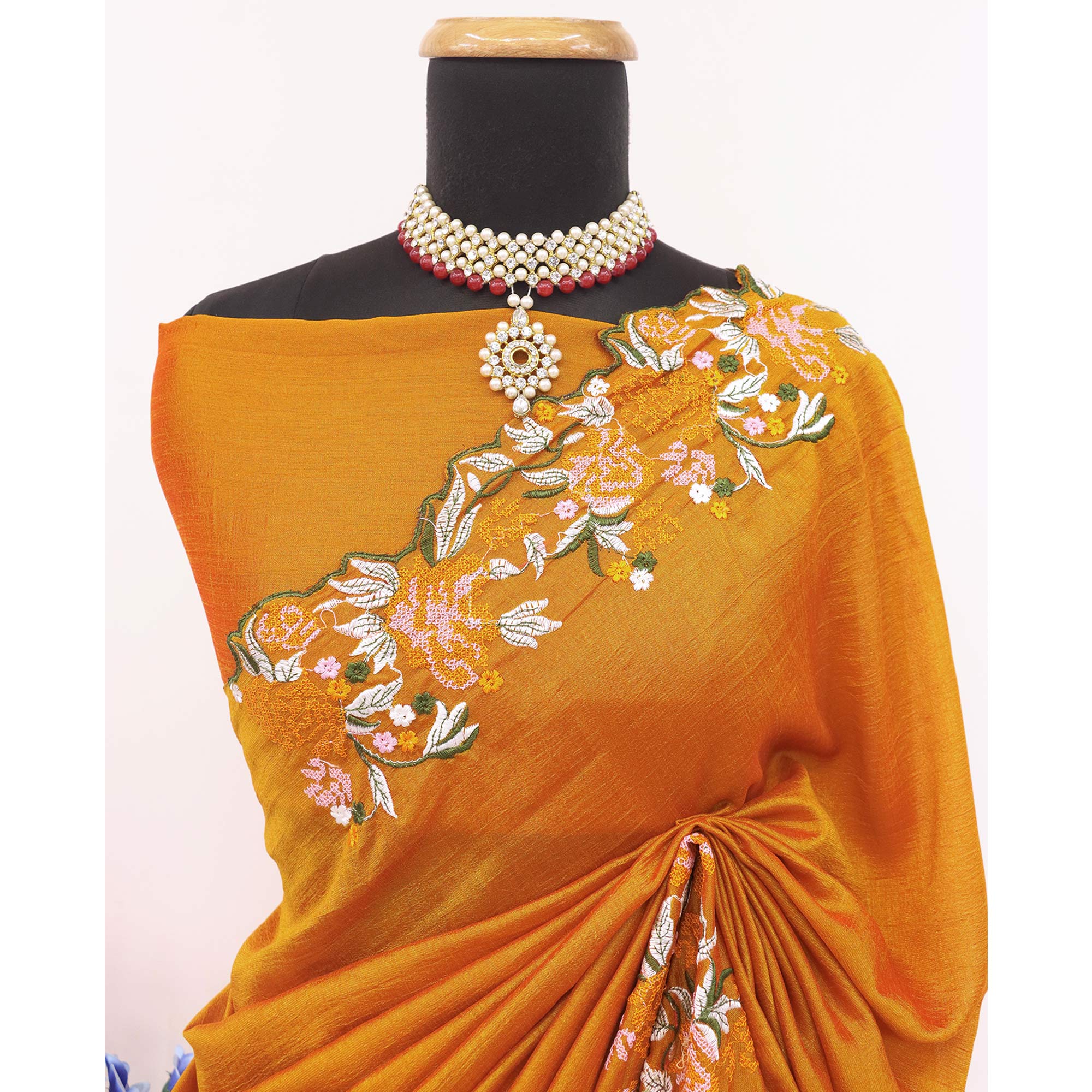 Mustard Embroidery Vichitra Silk Saree With Floral Border