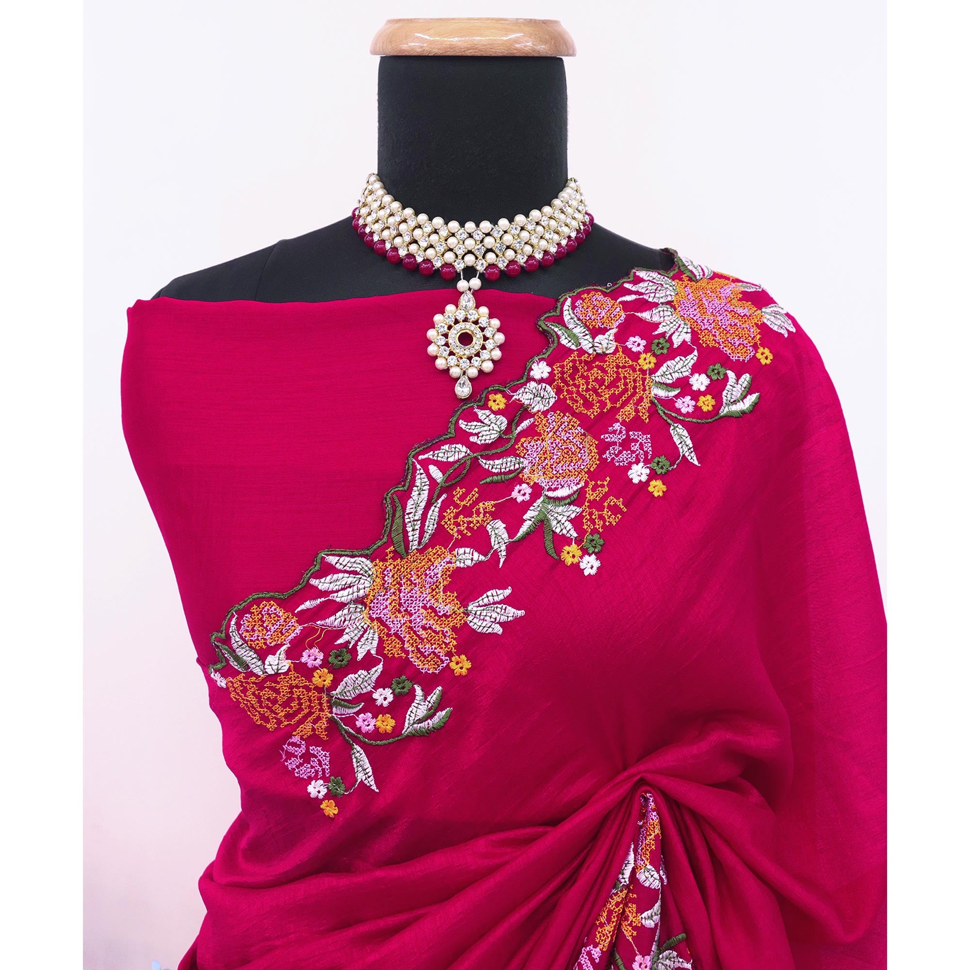 Pink Embroidery Vichitra Silk Saree With Floral Border