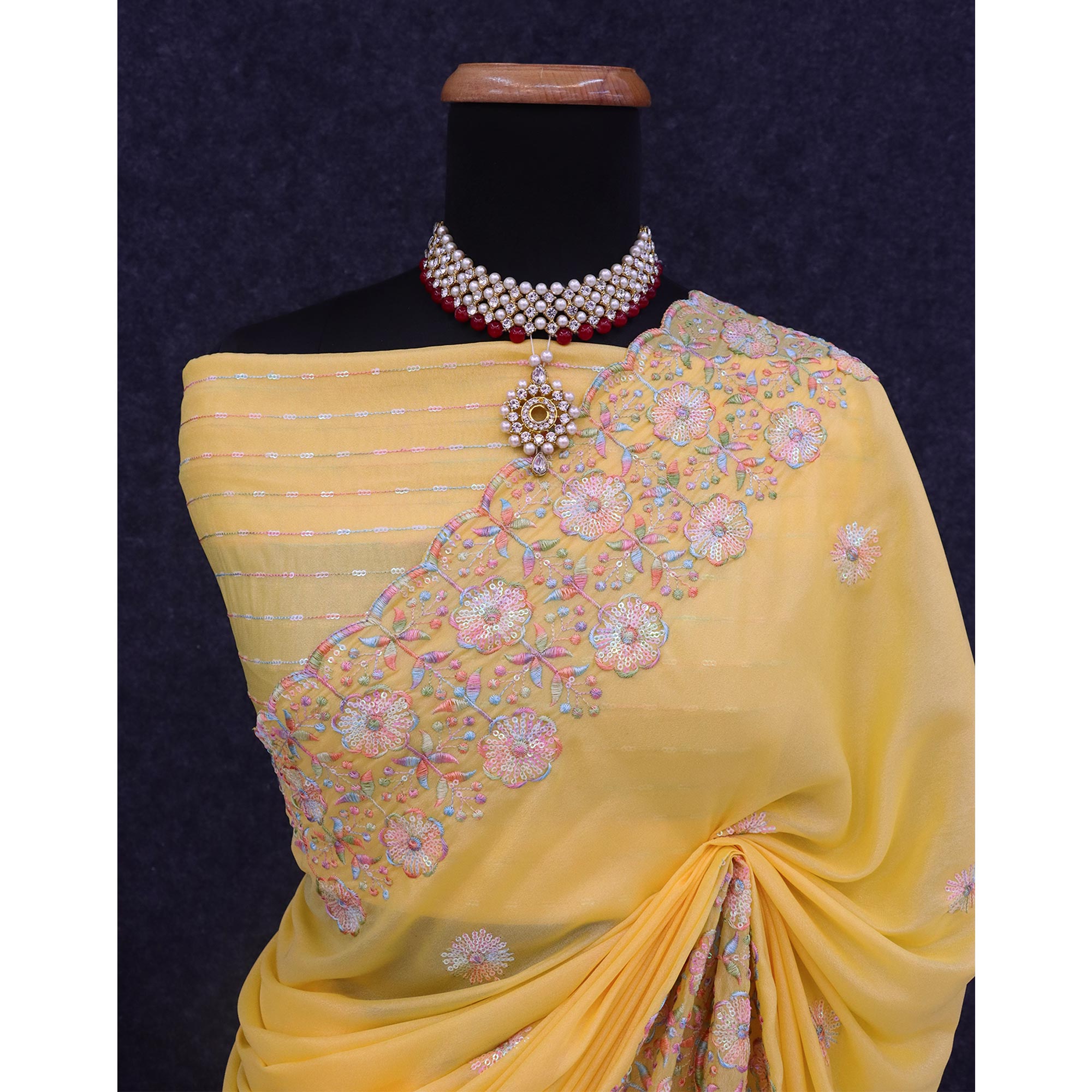 Yellow Floral Sequins Embroidered Crepe Silk Saree
