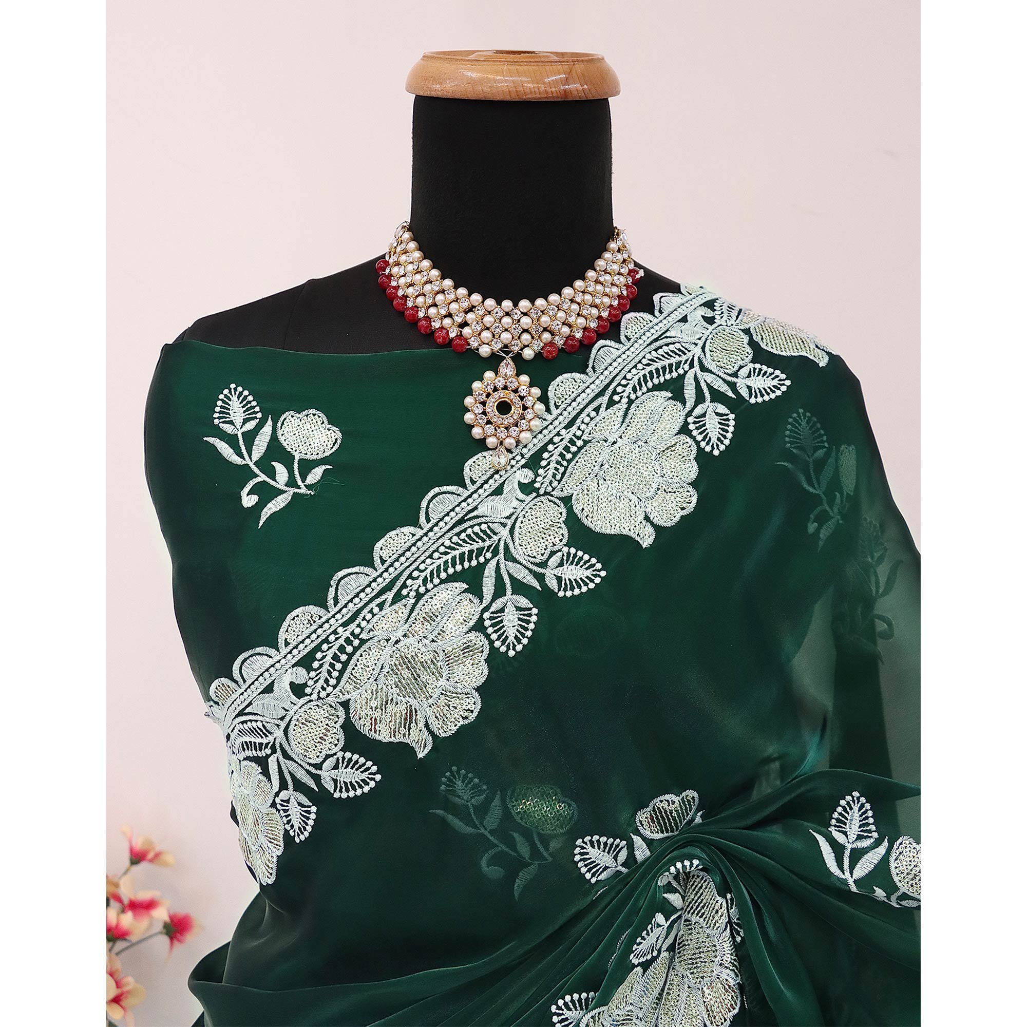 Green Floral Embroidered Satin Saree