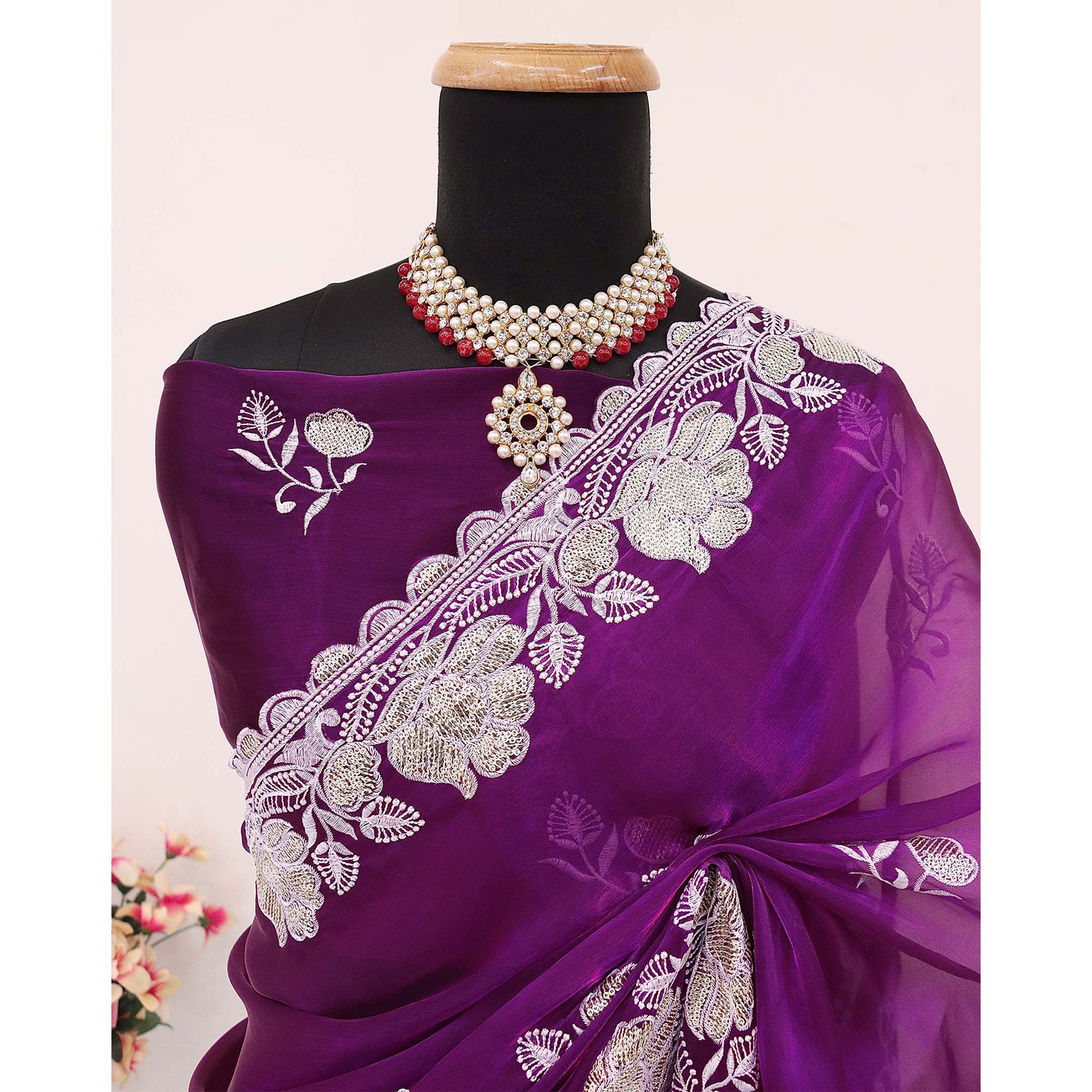 Magenta Floral Embroidered Satin Saree
