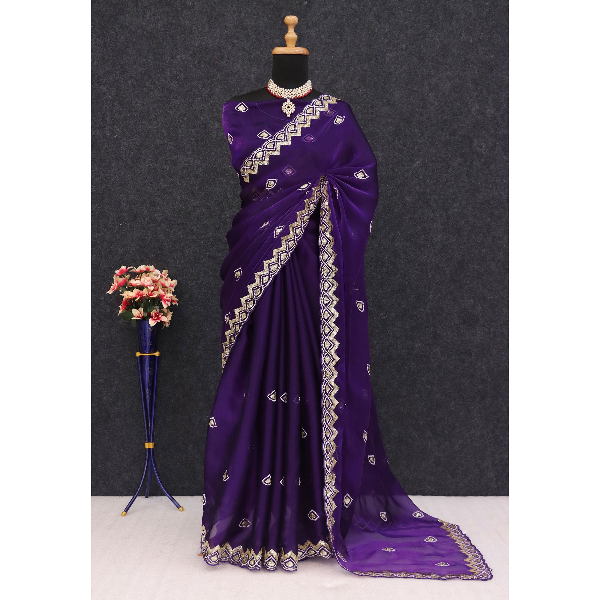 Violet Sequins Embroidered Satin Saree