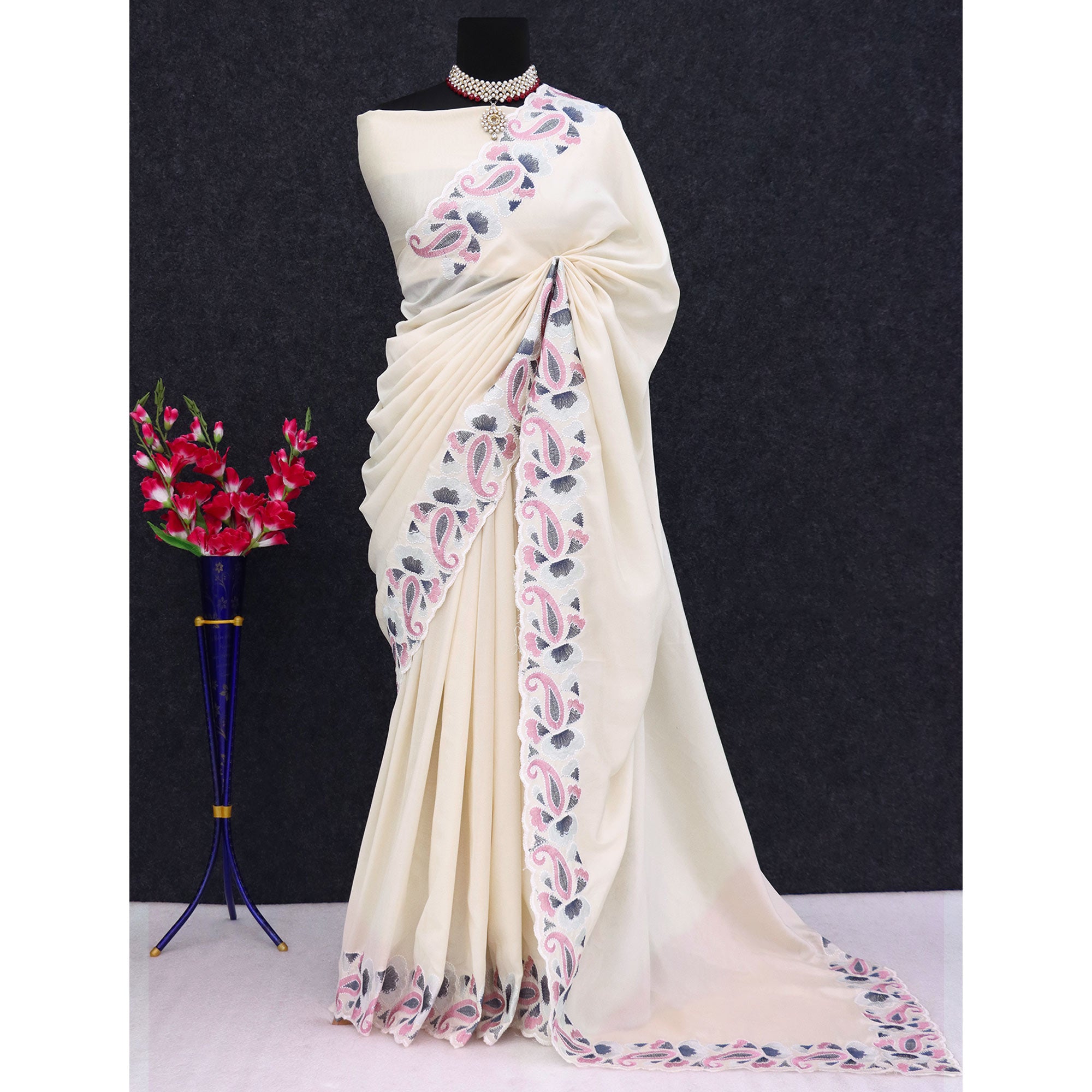 Cream Floral Embroidered Vichitra Silk Saree