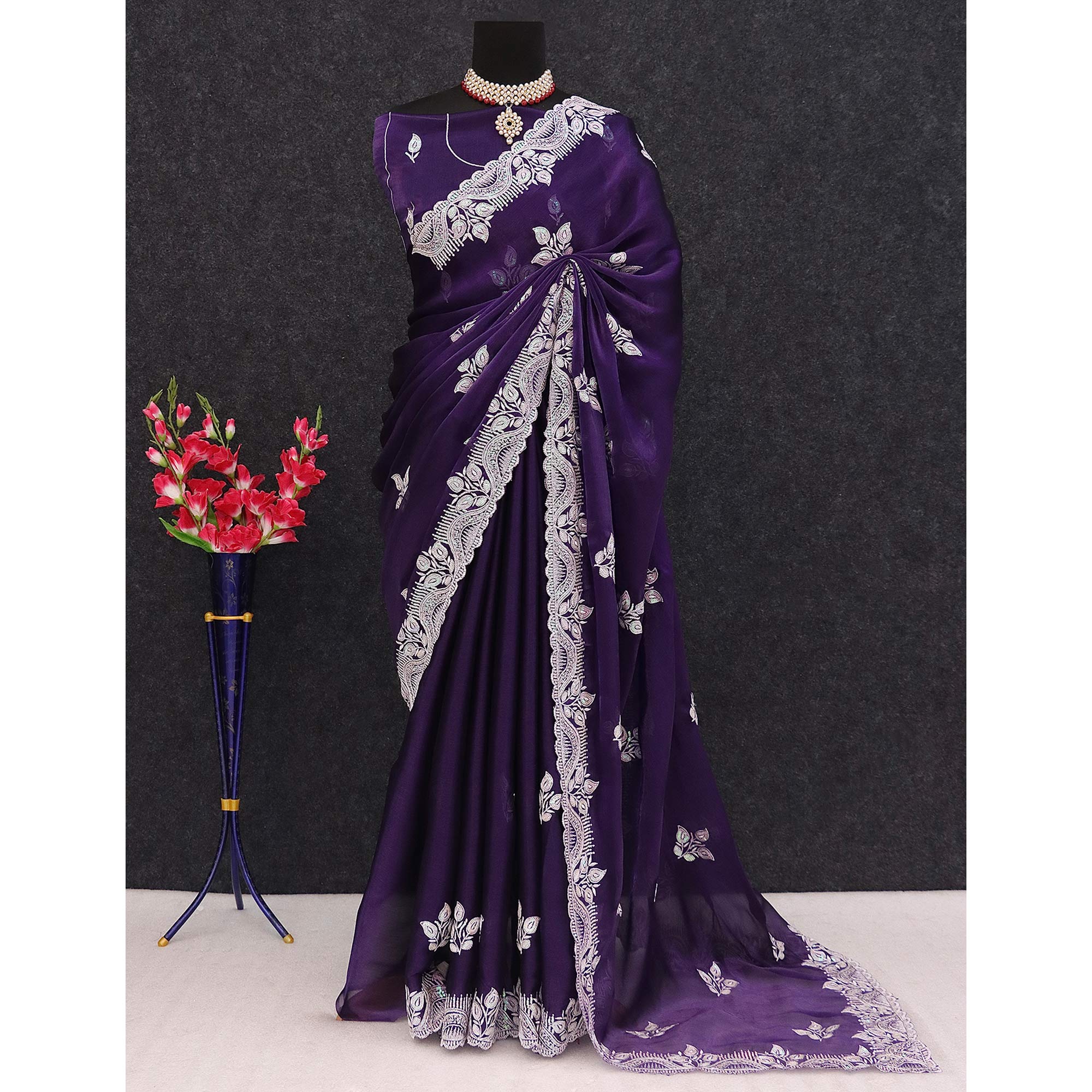 Purple Sequins Embroidered Chiffon Saree