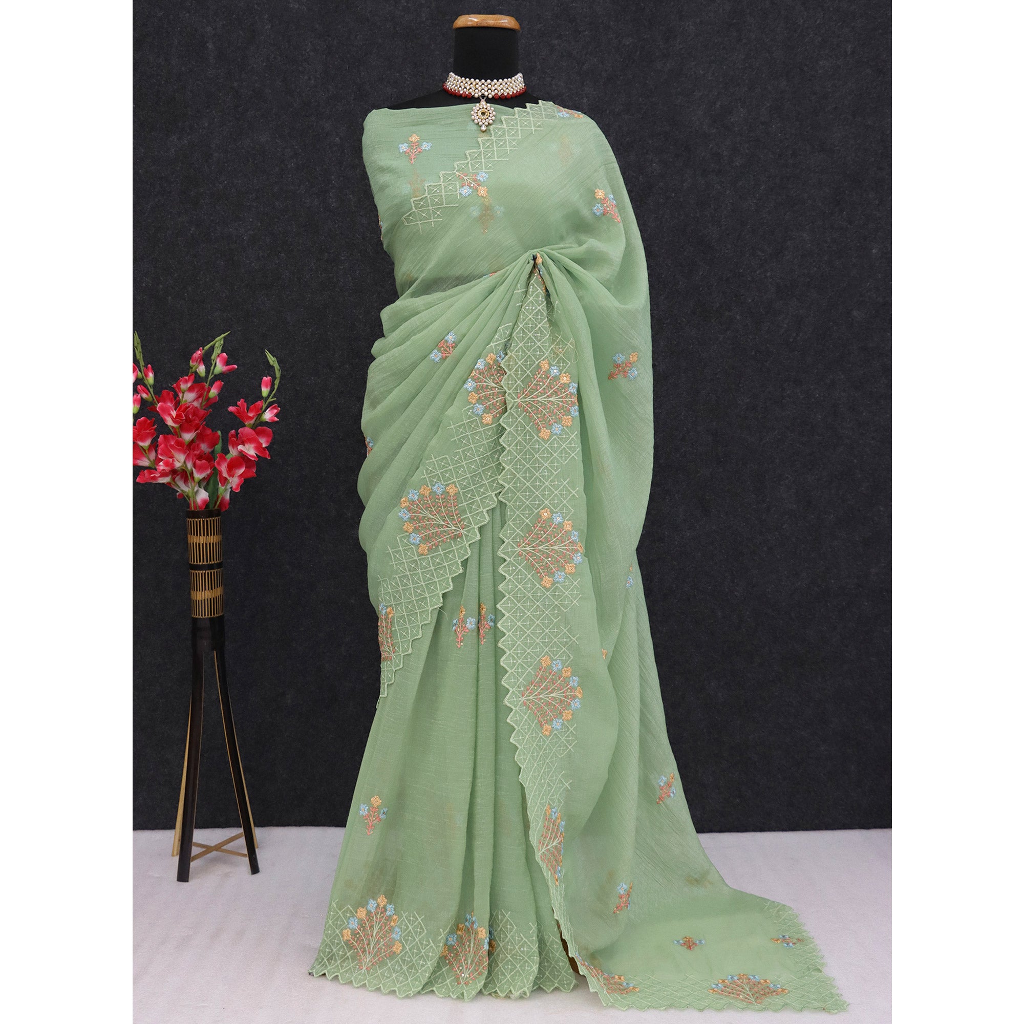 Green Floral Sequins Embroidered Art Silk Crush Saree