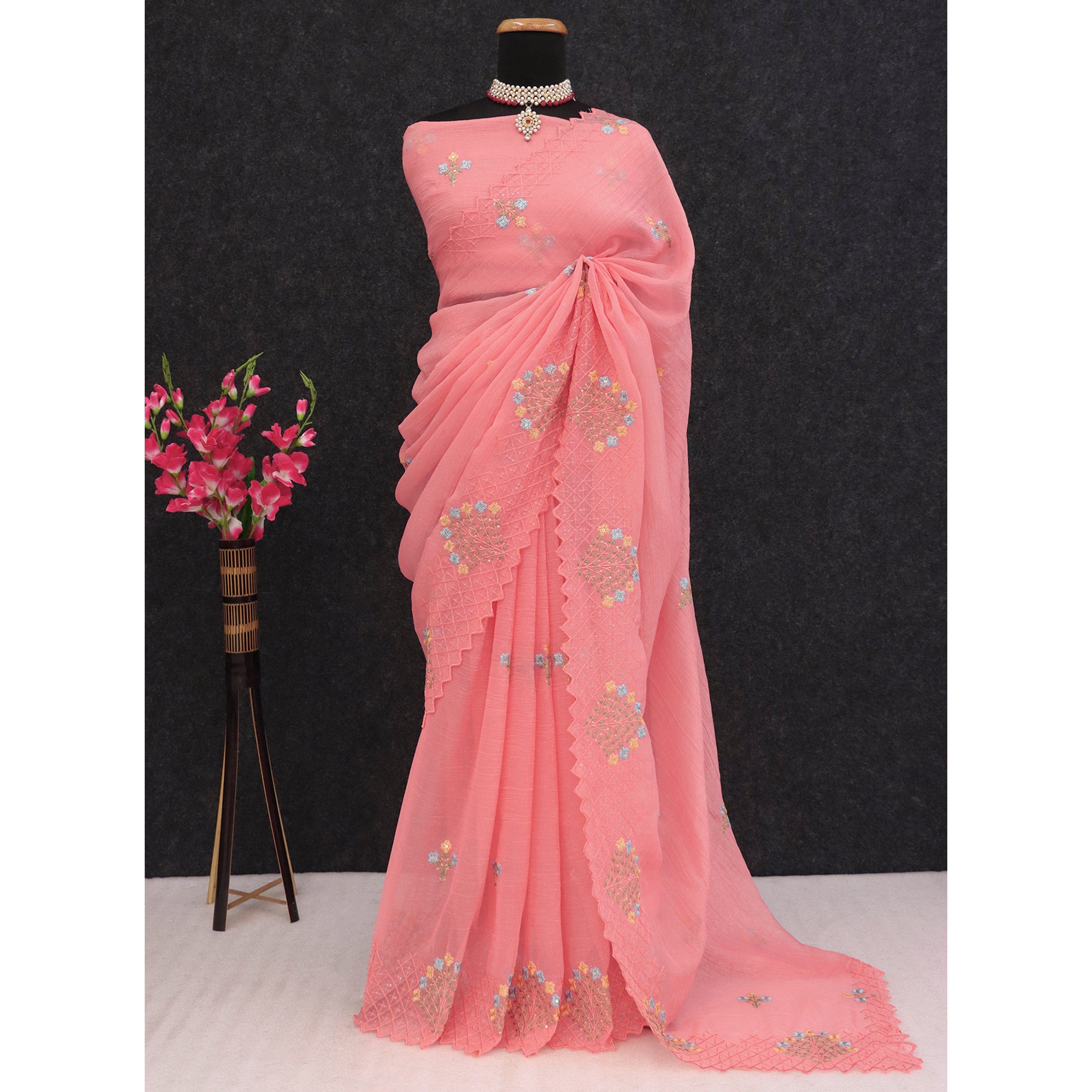 Peach Floral Sequins Embroidered Art Silk Crush Saree