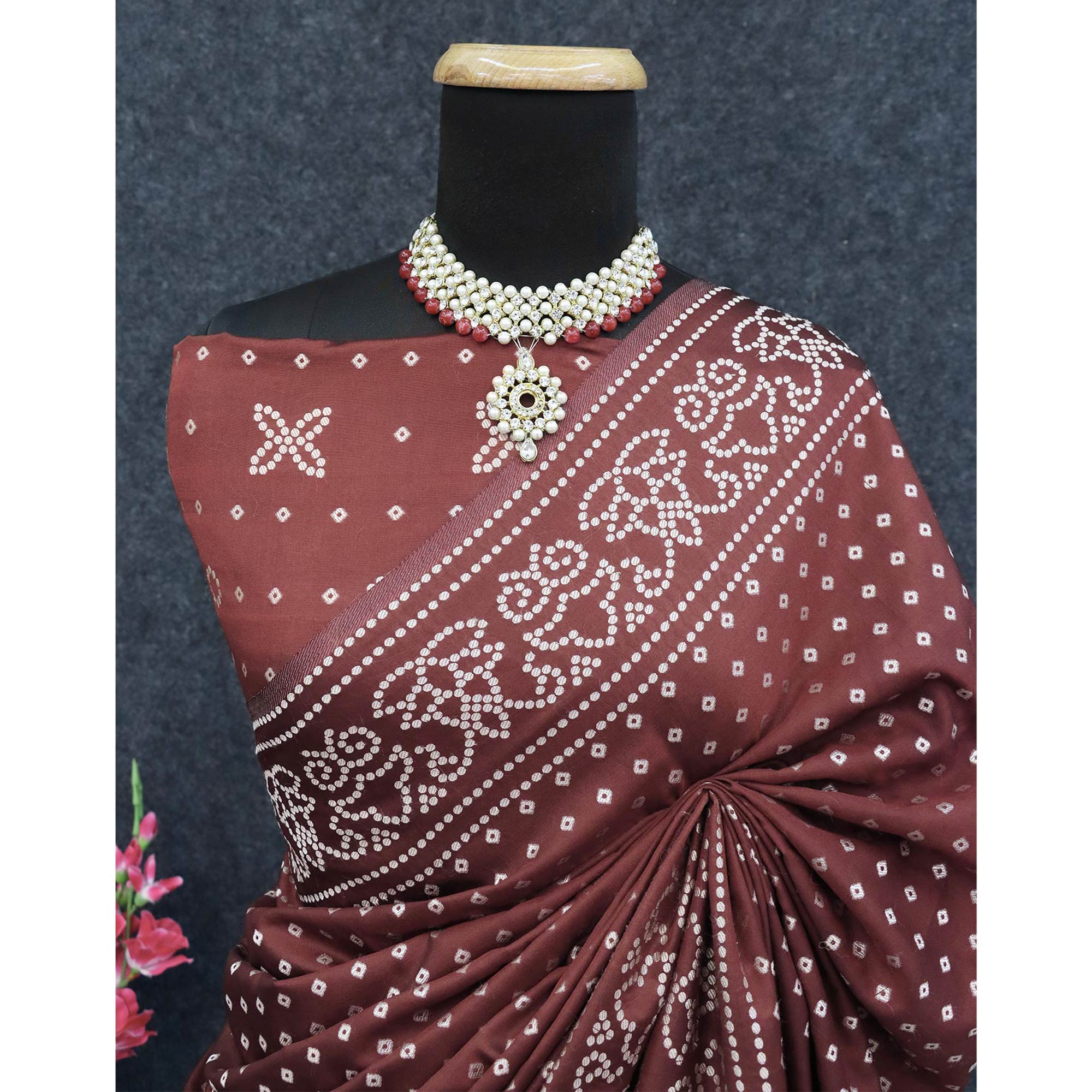 Brown Bandhani Zari Woven Dola Silk Saree