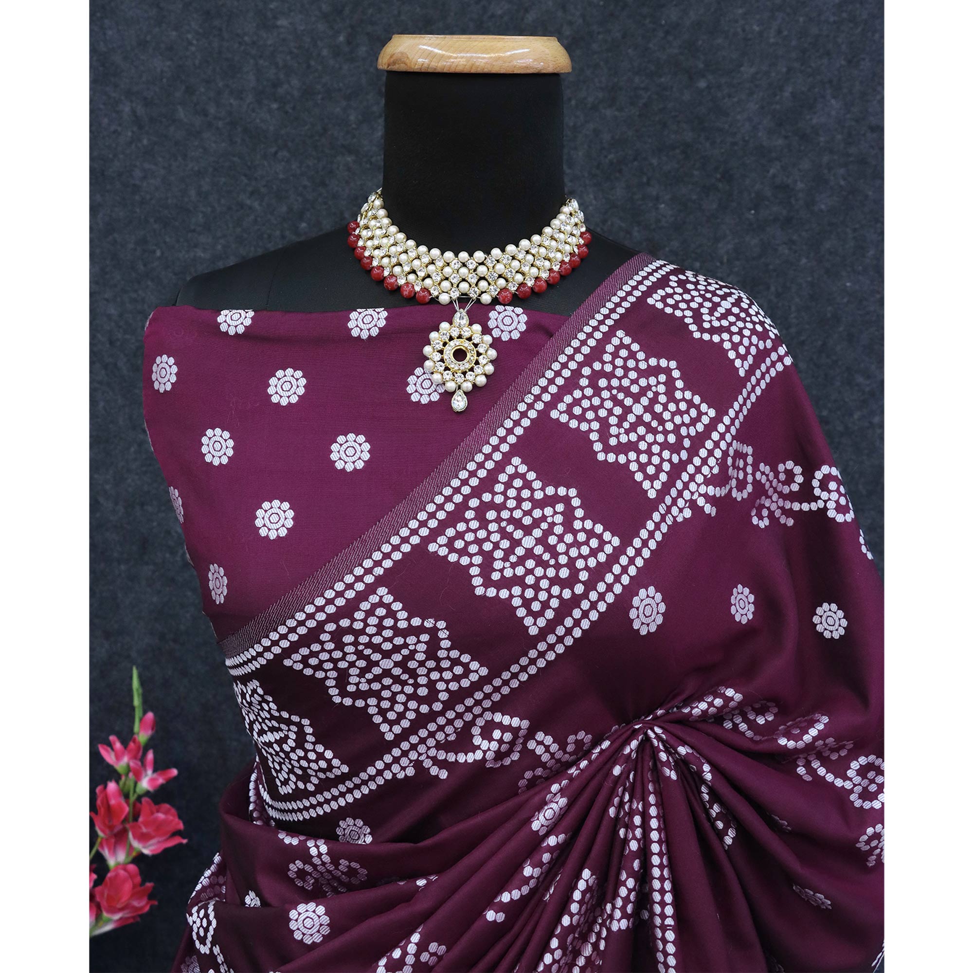 Wine Bandhani Zari Woven Dola Silk Saree