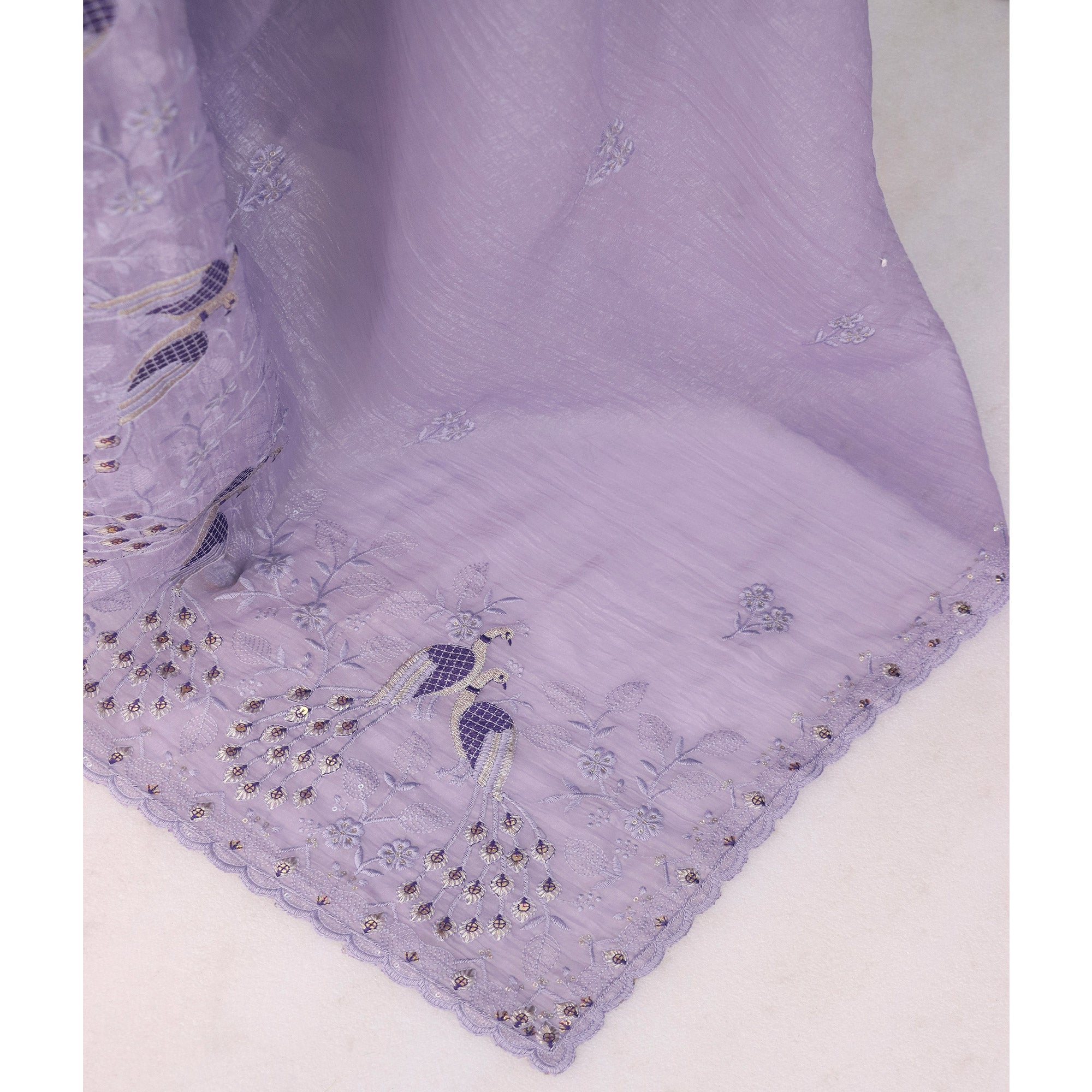 Light Lavender Floral Sequins Embroidered Art Silk Crush Saree