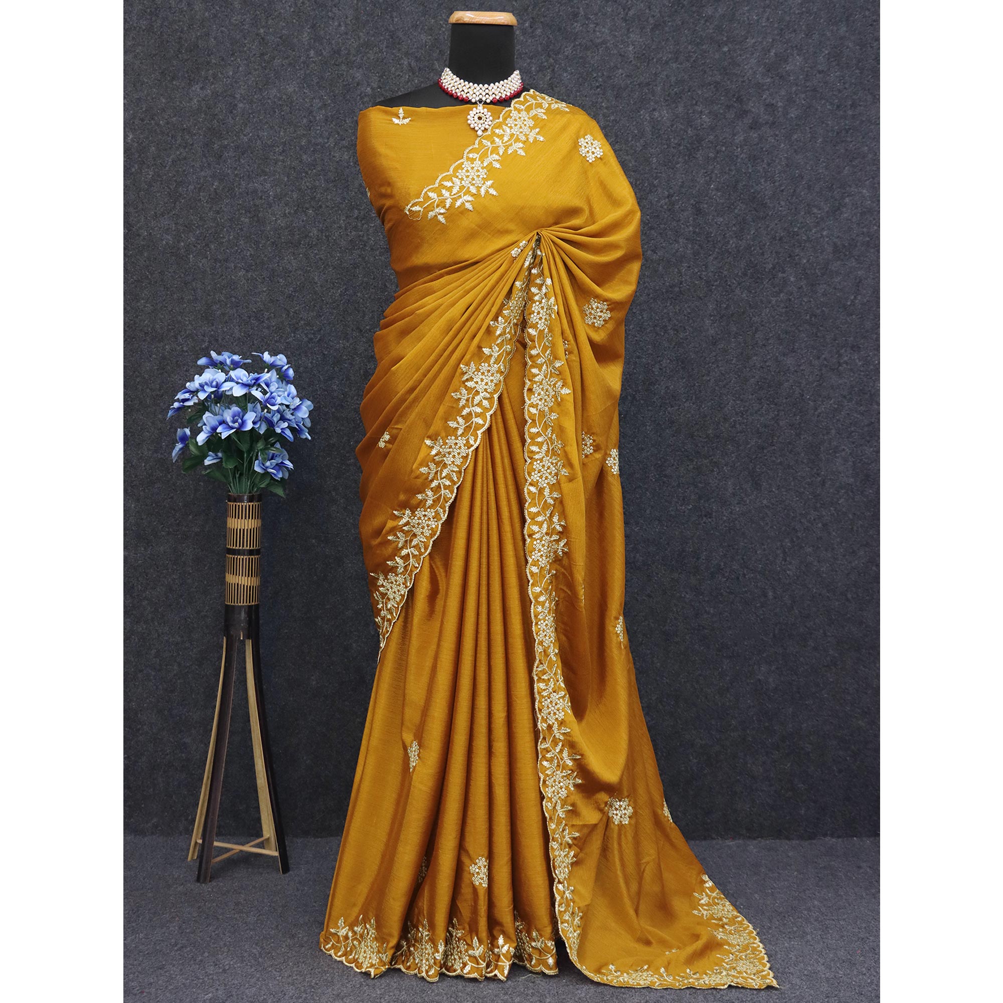 Mustard Floral Sequins Embroidered Chinon Saree