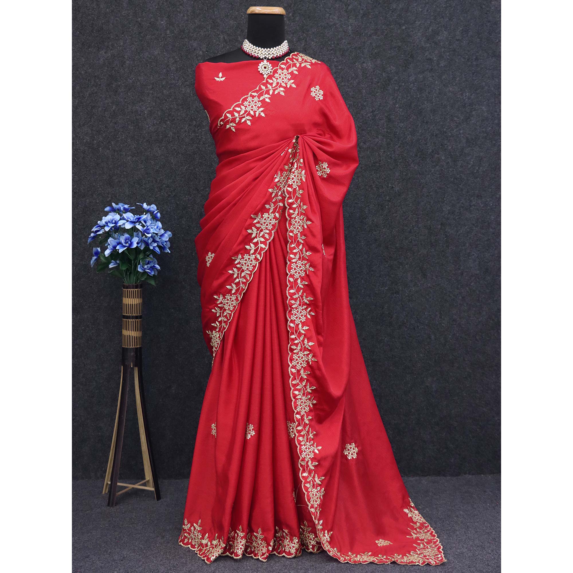 Red Floral Sequins Embroidered Chinon Saree