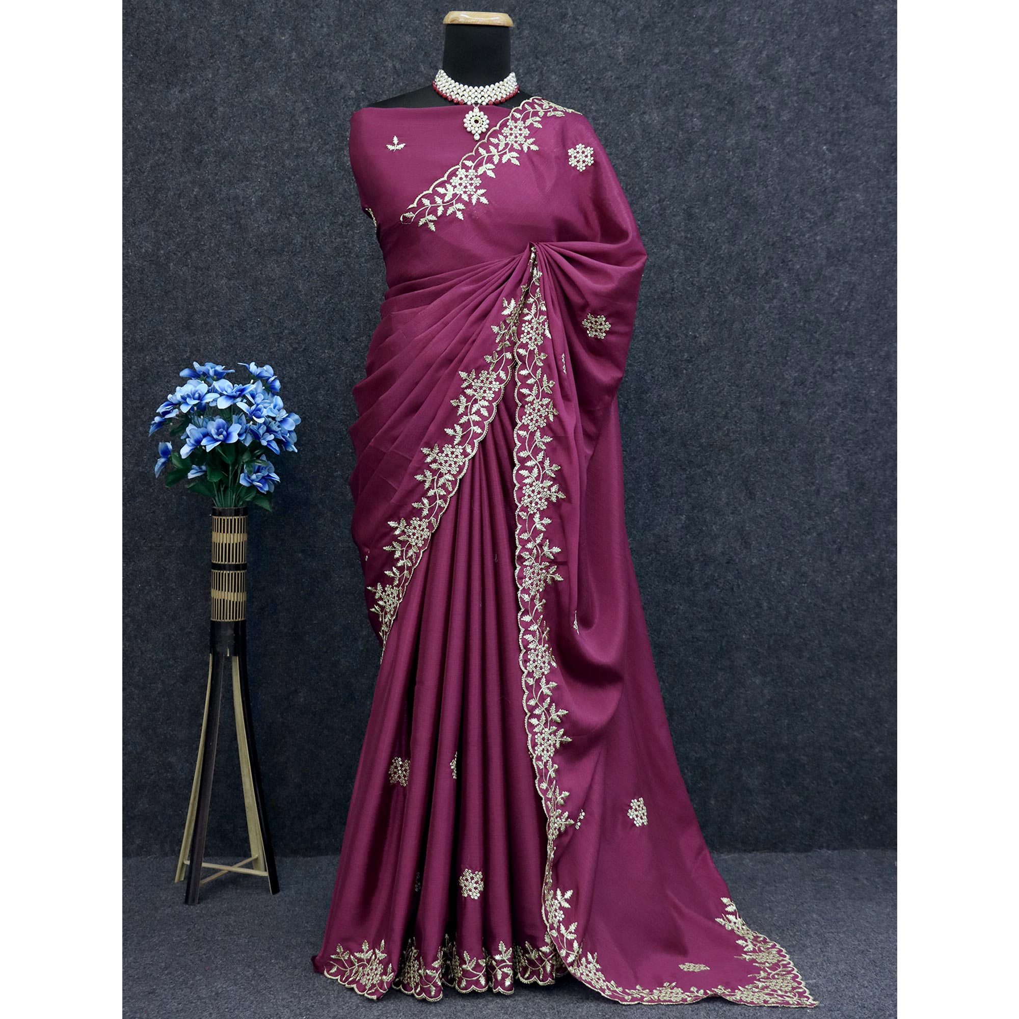 Wine Floral Sequins Embroidered Chinon Saree