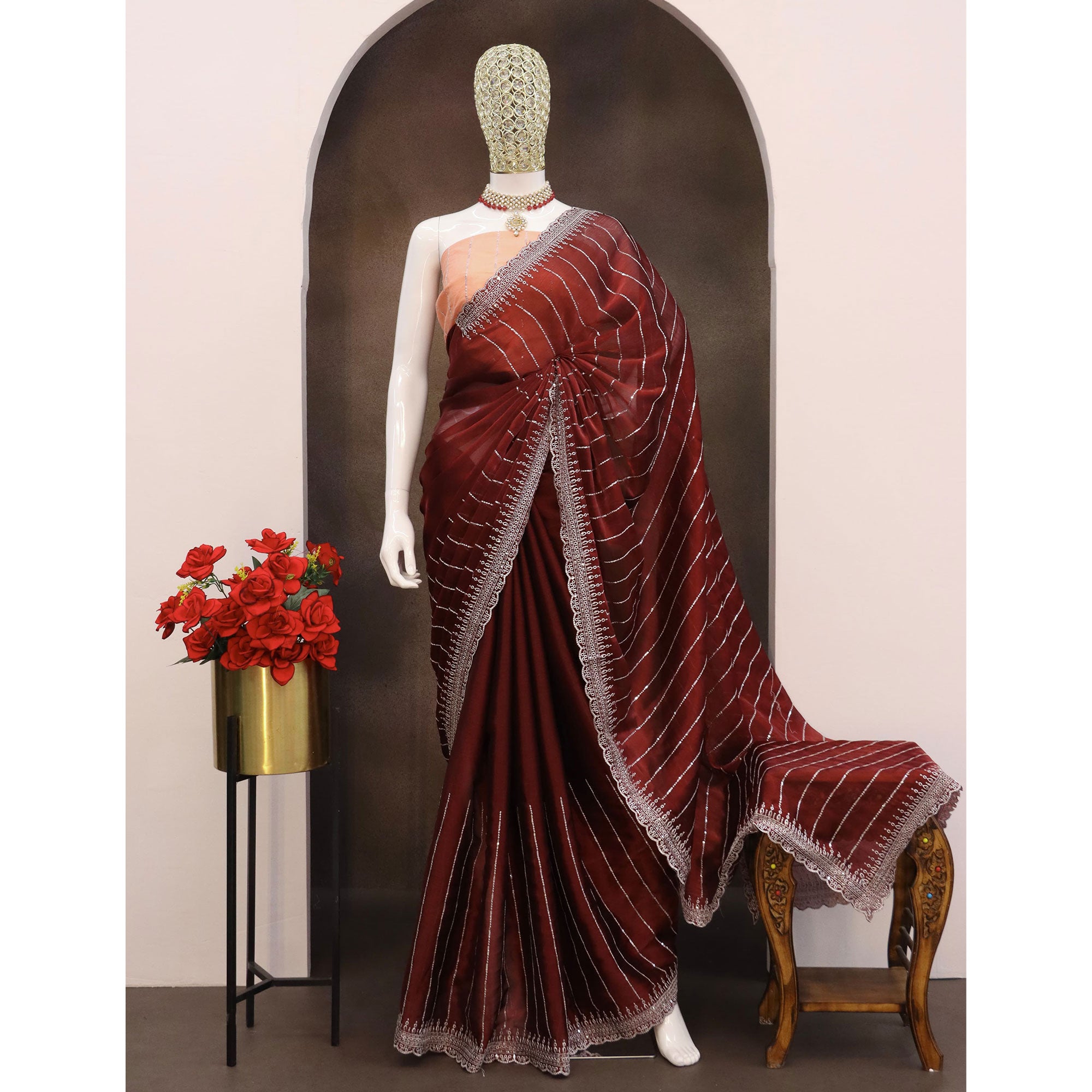 Maroon Sequins Embroidered Chiffon Saree