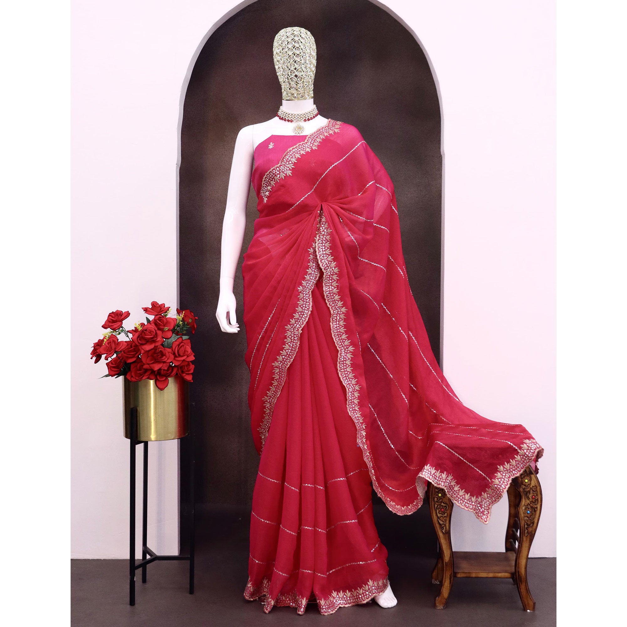 Rani Pink Sequins Work Embroidered Chiffon Saree