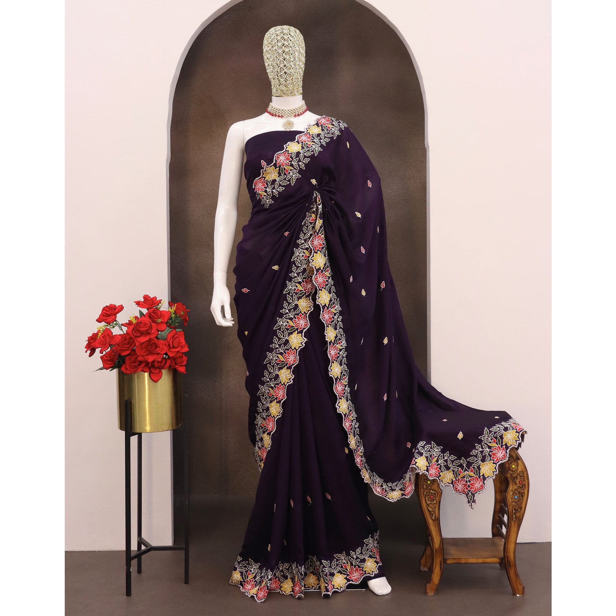 Purple Floral Embroidered Vichitra Silk Saree