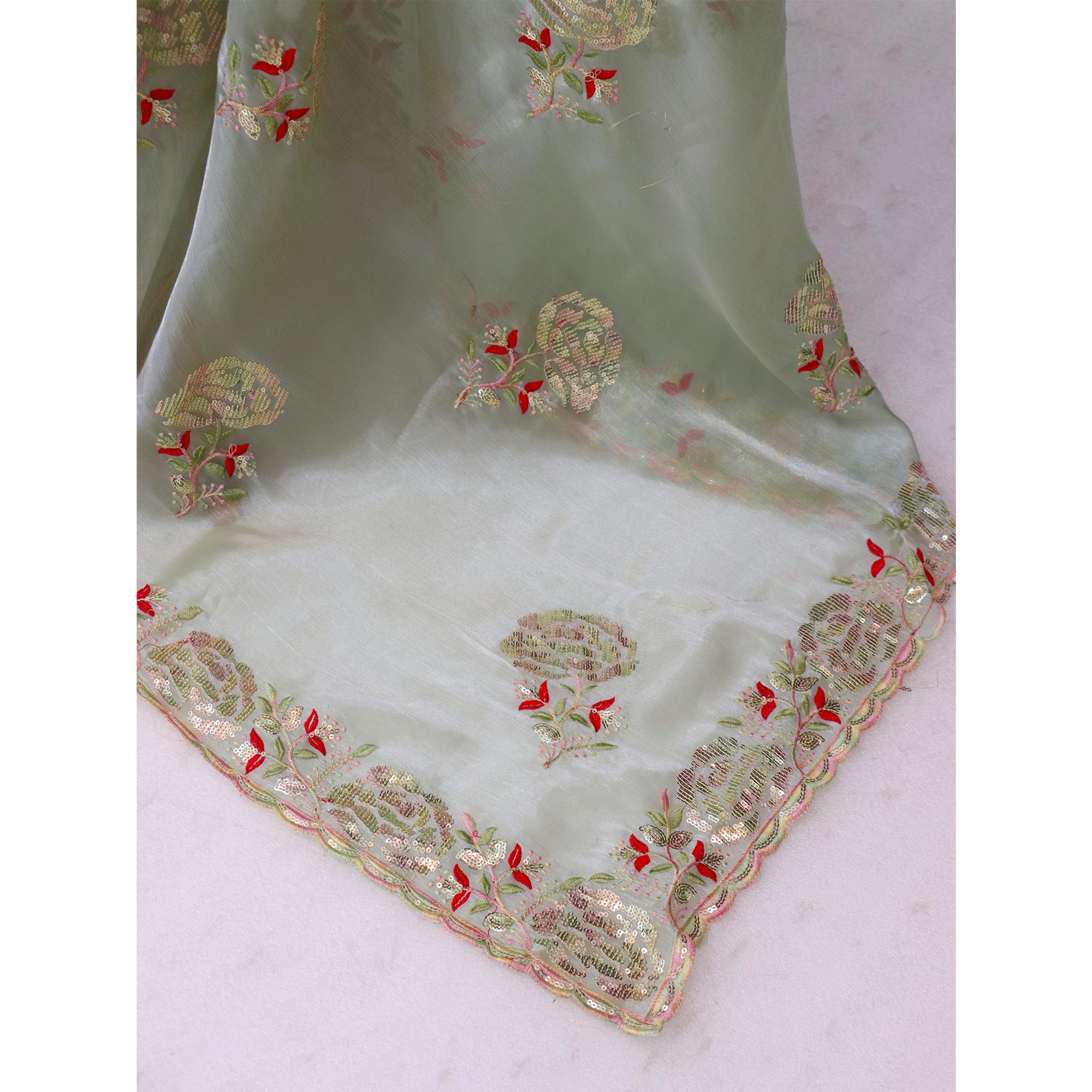 Green Sequins Work Embroidered Chiffon Saree