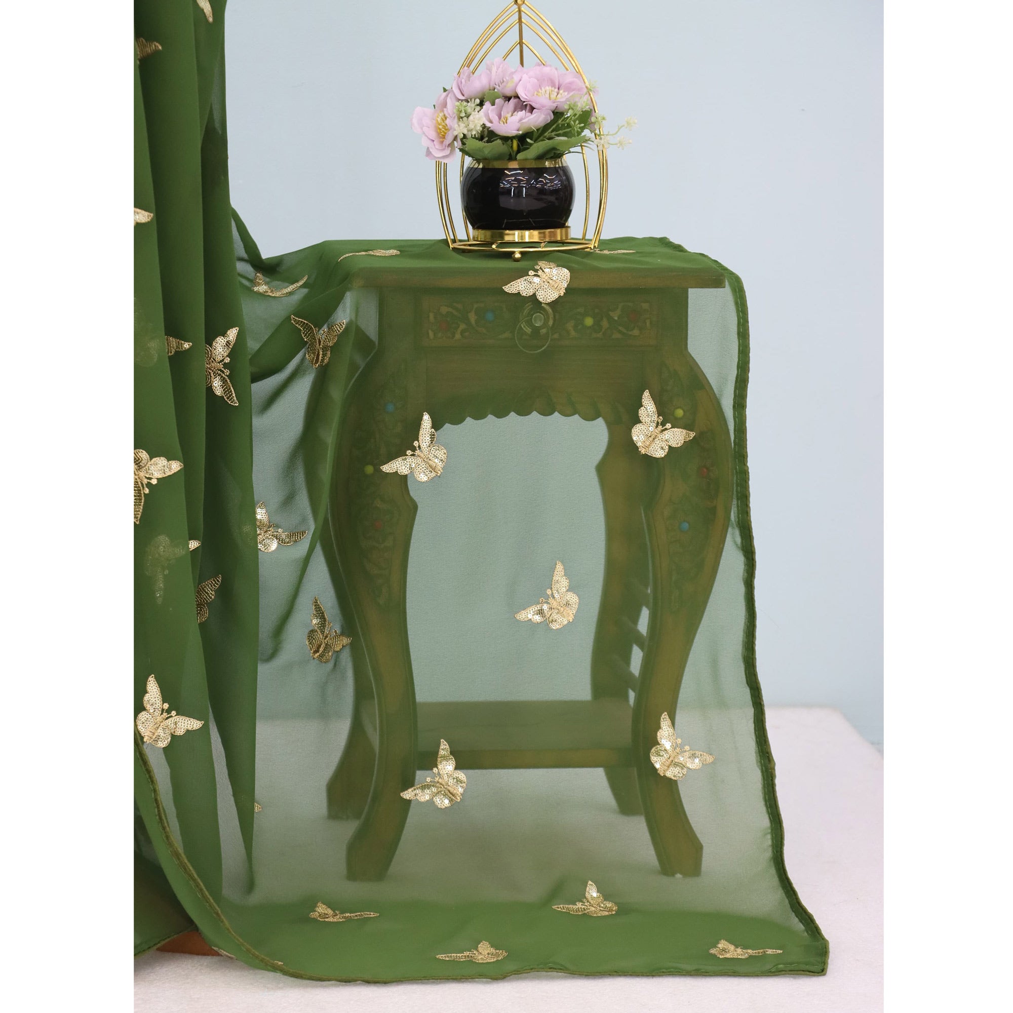 Mehendi Green Embroidered Georgette Saree With Shimmering Butterfly Sequin Work
