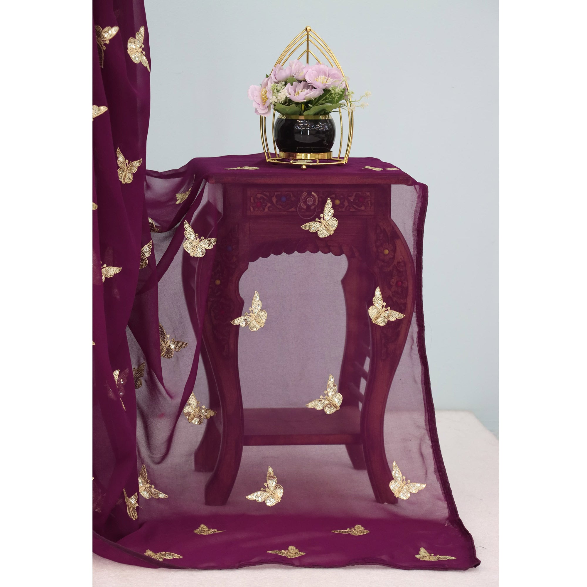 Wine Embroidered Georgette Saree With Shimmering Butterfly Sequin Work