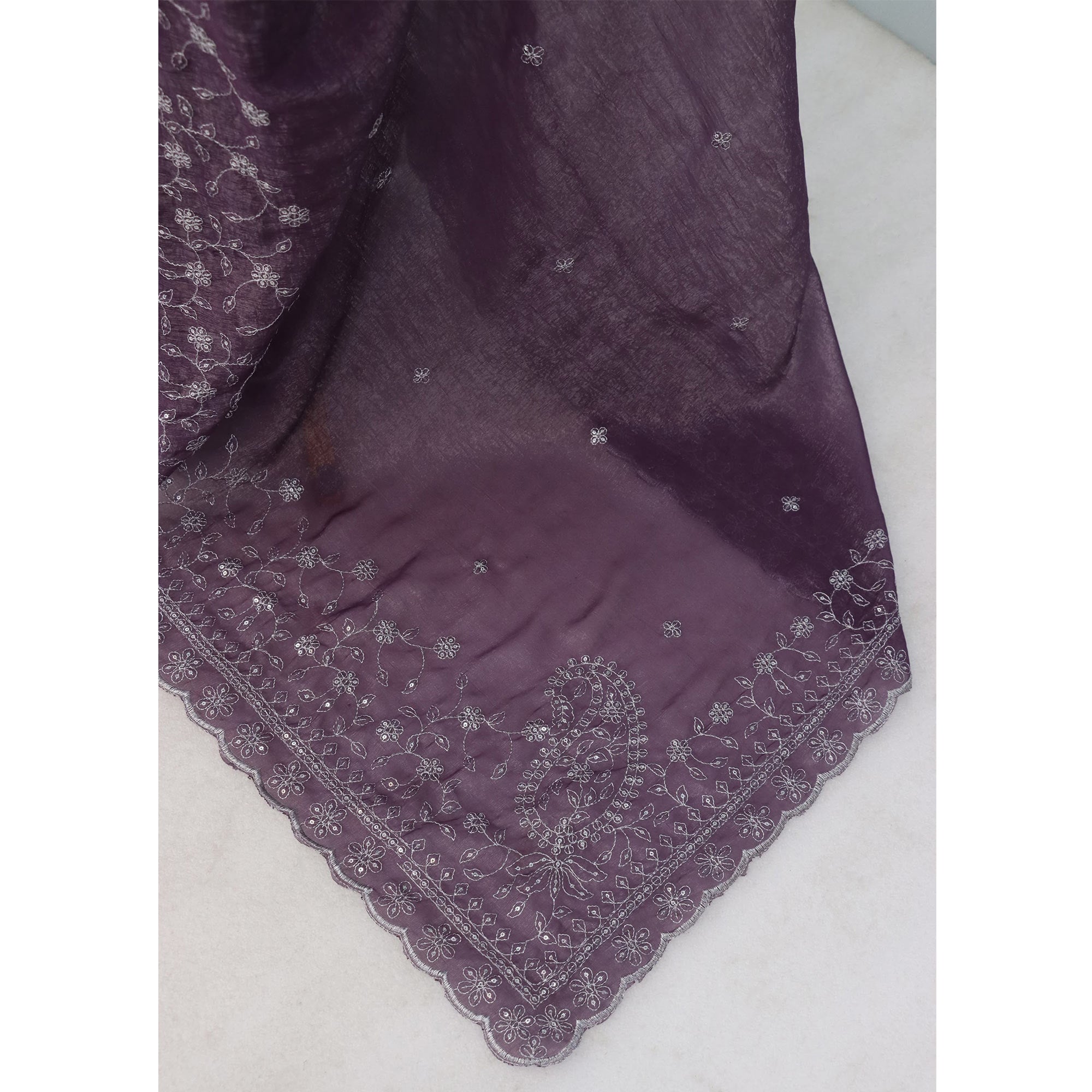 Dusty Lavender Silk Blend Crush Saree Adorned With Floral Thread Embroidery & Sequins