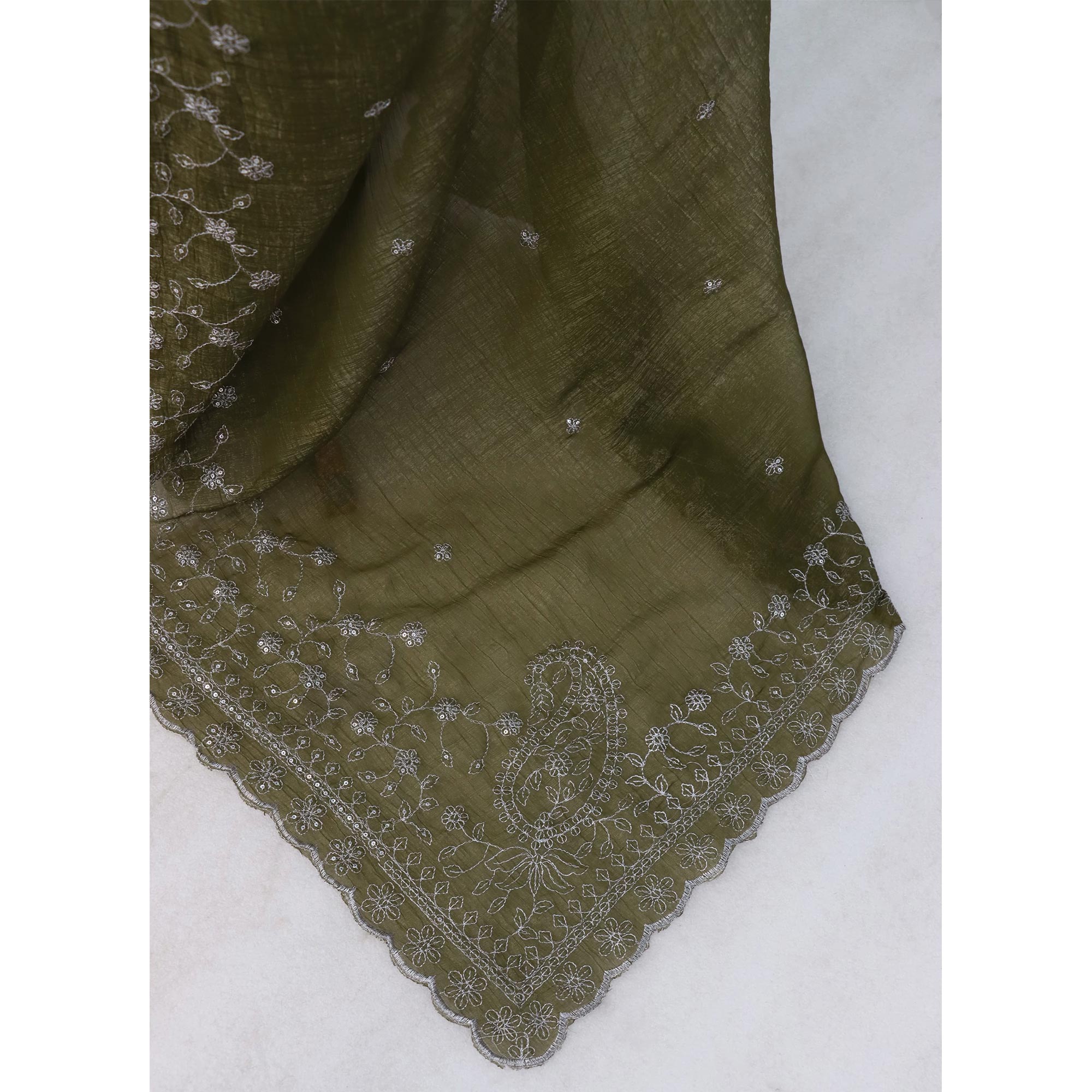 Mehendi Green Silk Blend Crush Saree Adorned With Floral Thread Embroidery & Sequins