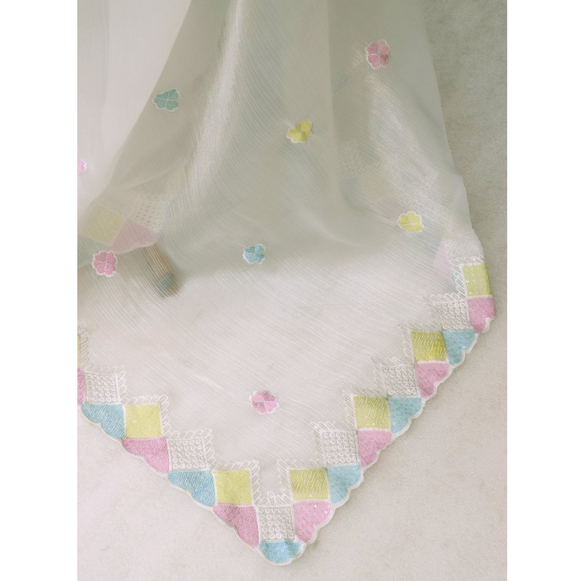 Graceful White Chiffon Silk Saree Adorned With Delicate Floral Sequin Work