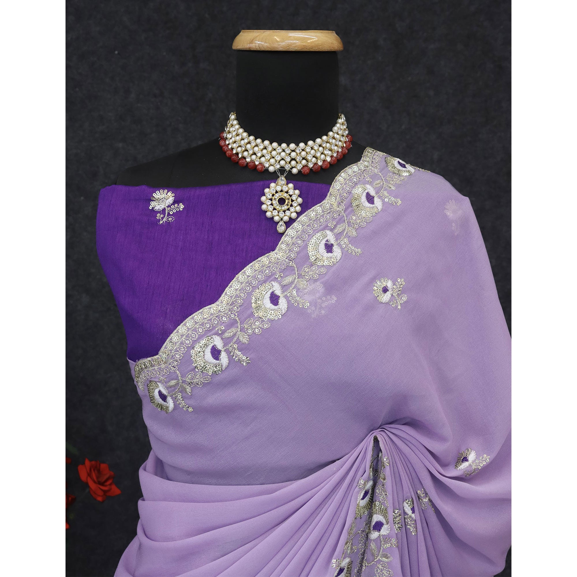 Lavender Georgette Silk Saree With Floral Sequin Embroidery & Graceful Cutwork Detailing Border