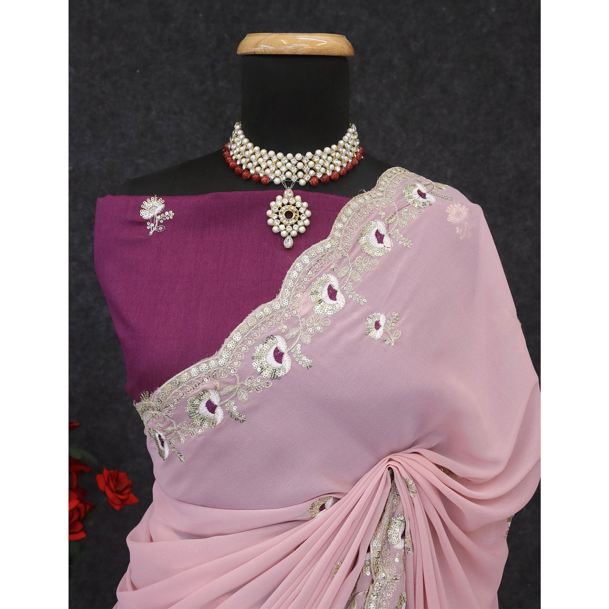 Pink Georgette Silk Saree With Floral Sequin Embroidery & Graceful Cutwork Detailing Border