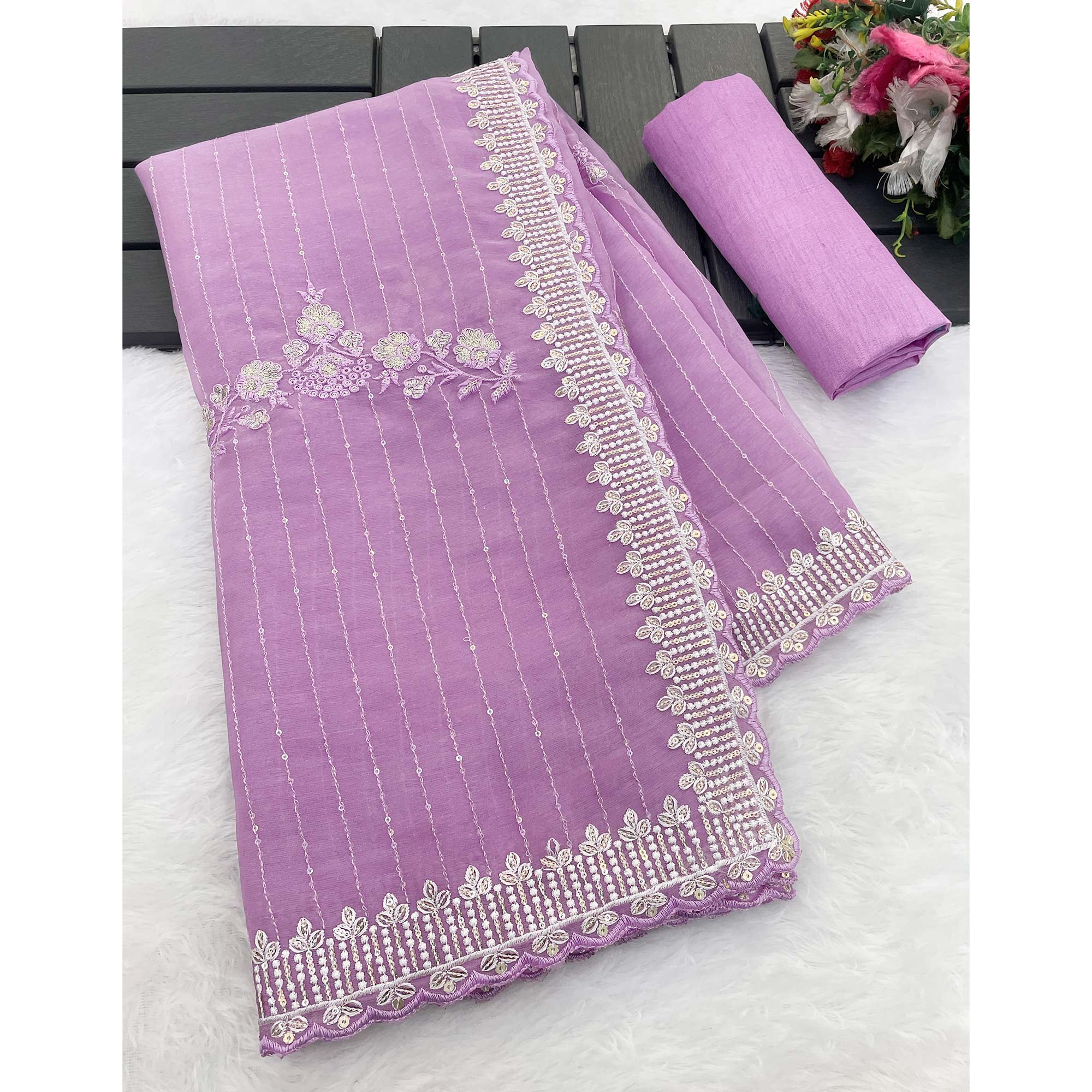 Light Purple Shimmer Chiffon Saree with Floral Sequin Embroidery & Elegant Cutwork Border