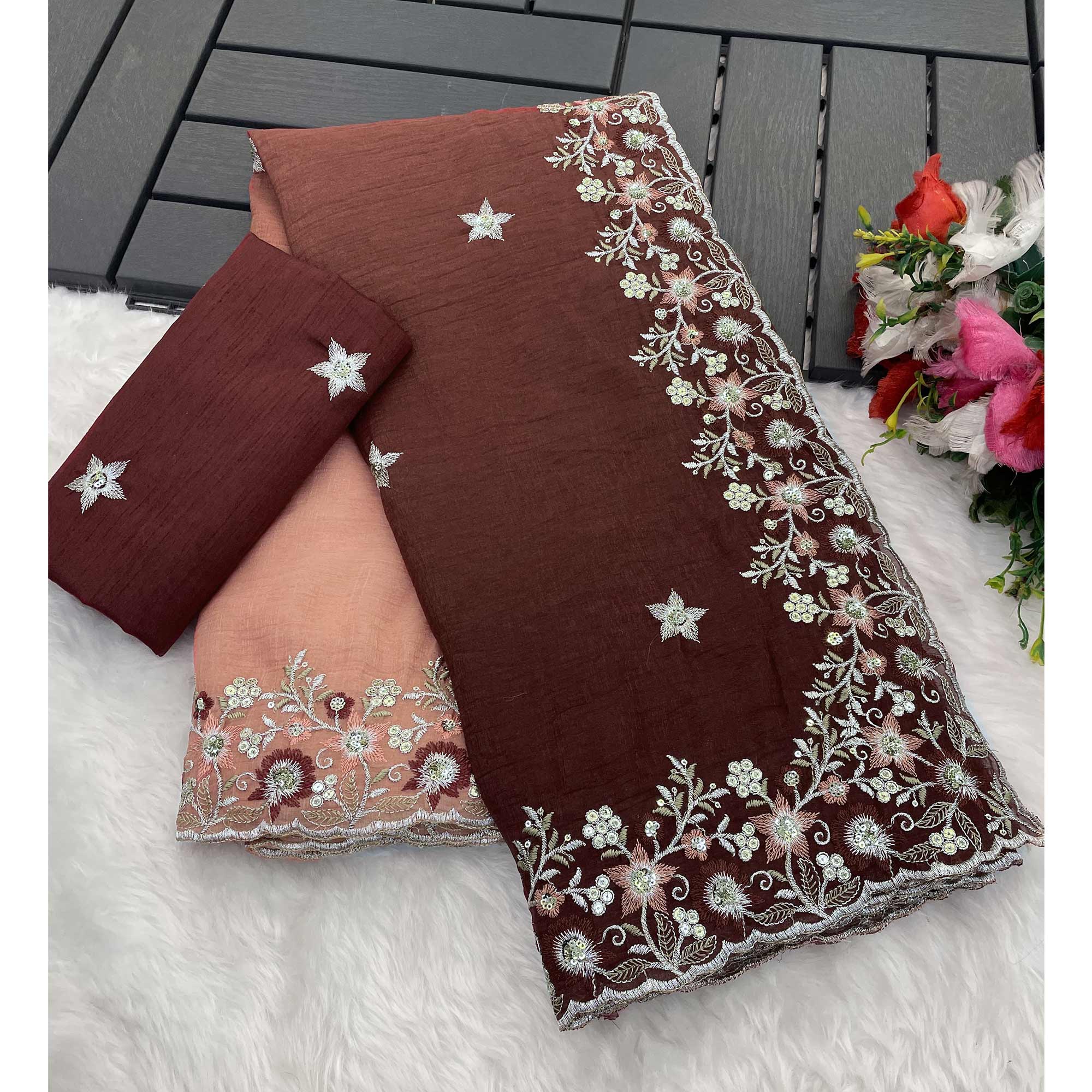 Brown Crunchy Crush Saree Featuring Floral Thread Embroidery & Sequins Embellishment