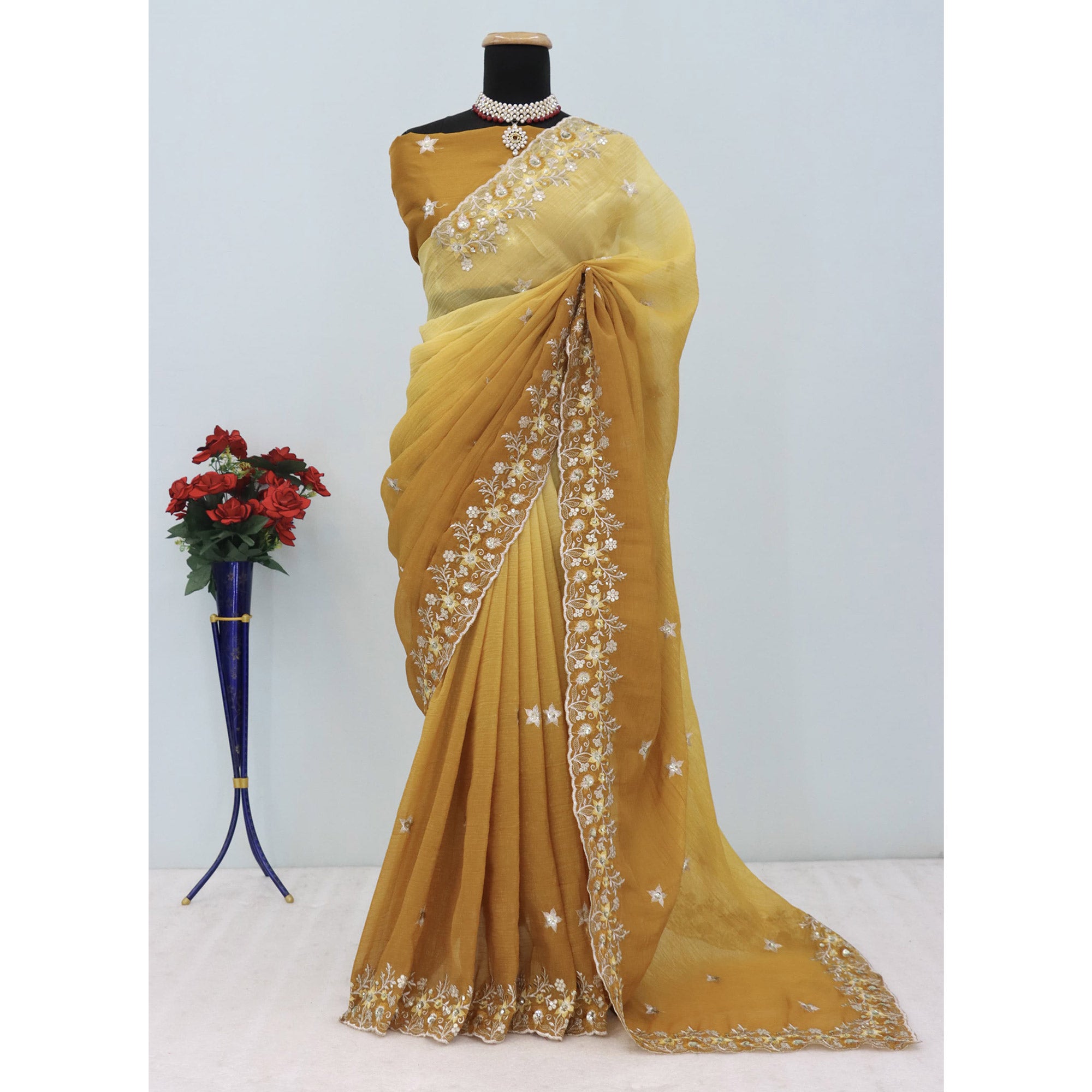 Mustard Crunchy Crush Saree Featuring Floral Thread Embroidery & Sequins Embellishment