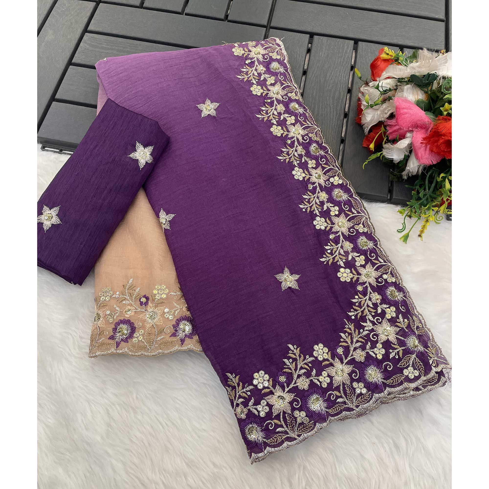 Purple Crunchy Crush Saree Featuring Floral Thread Embroidery & Sequins Embellishment