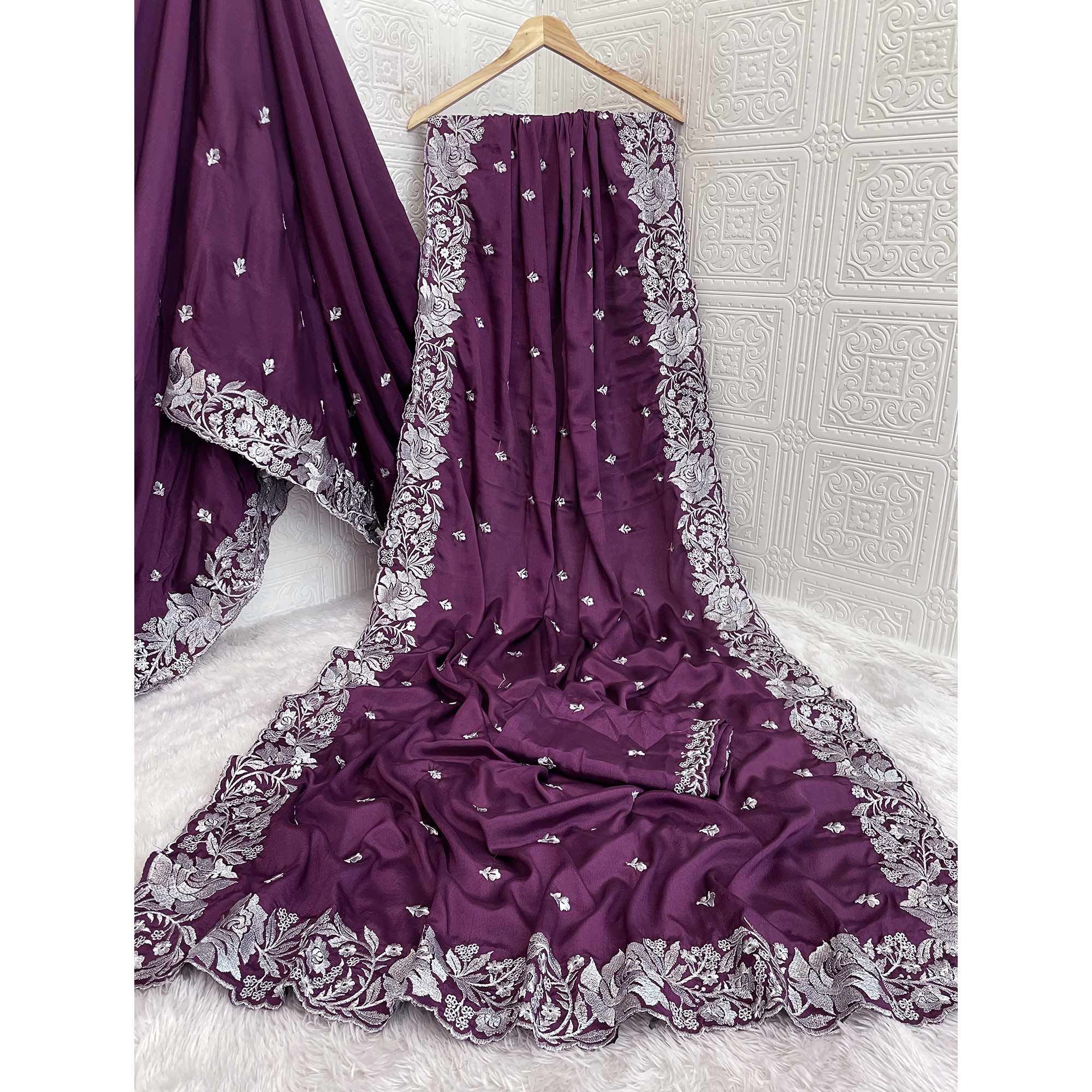 Ethereal Plum Purple Saree With Intricate Floral Zari Accents On Chinon Chiffon