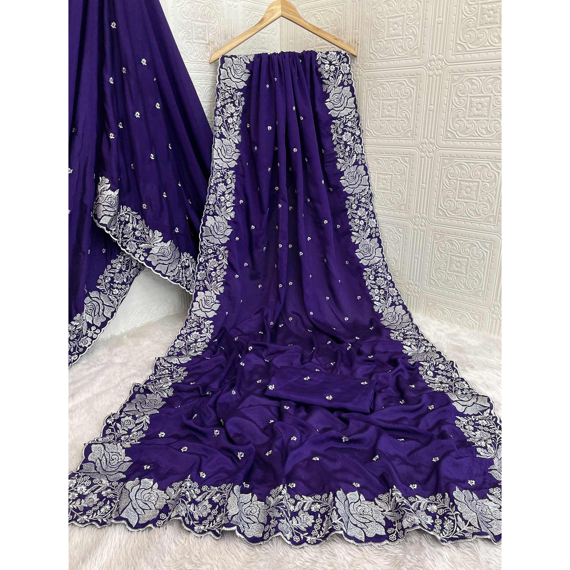 Luxurious Royal Purple Saree Adorned With Delicate Floral Zari Work On Chinon Chiffon