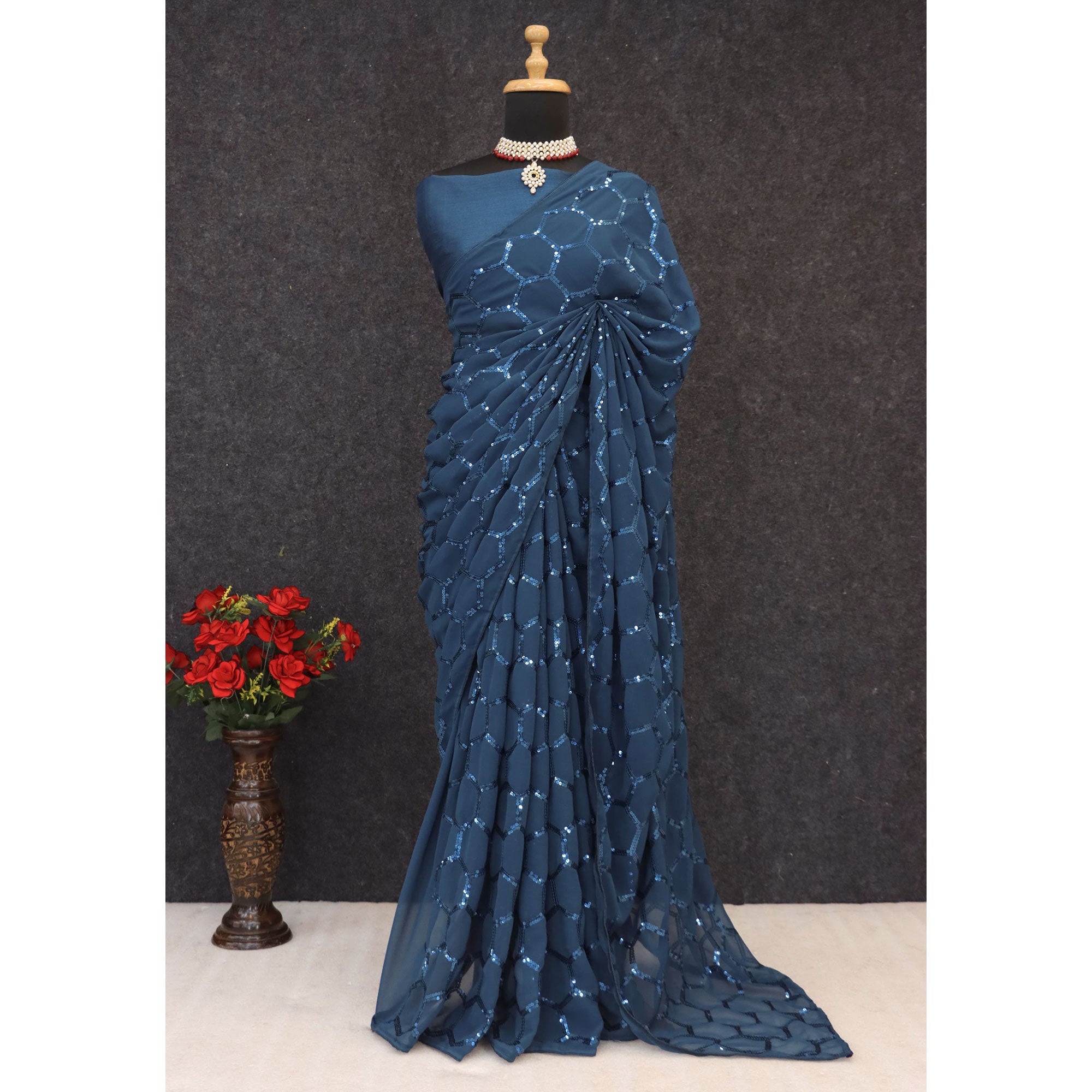 Blue Georgette Silk Saree Embellished With Sparkling Sequins Embroidery & Piping Border