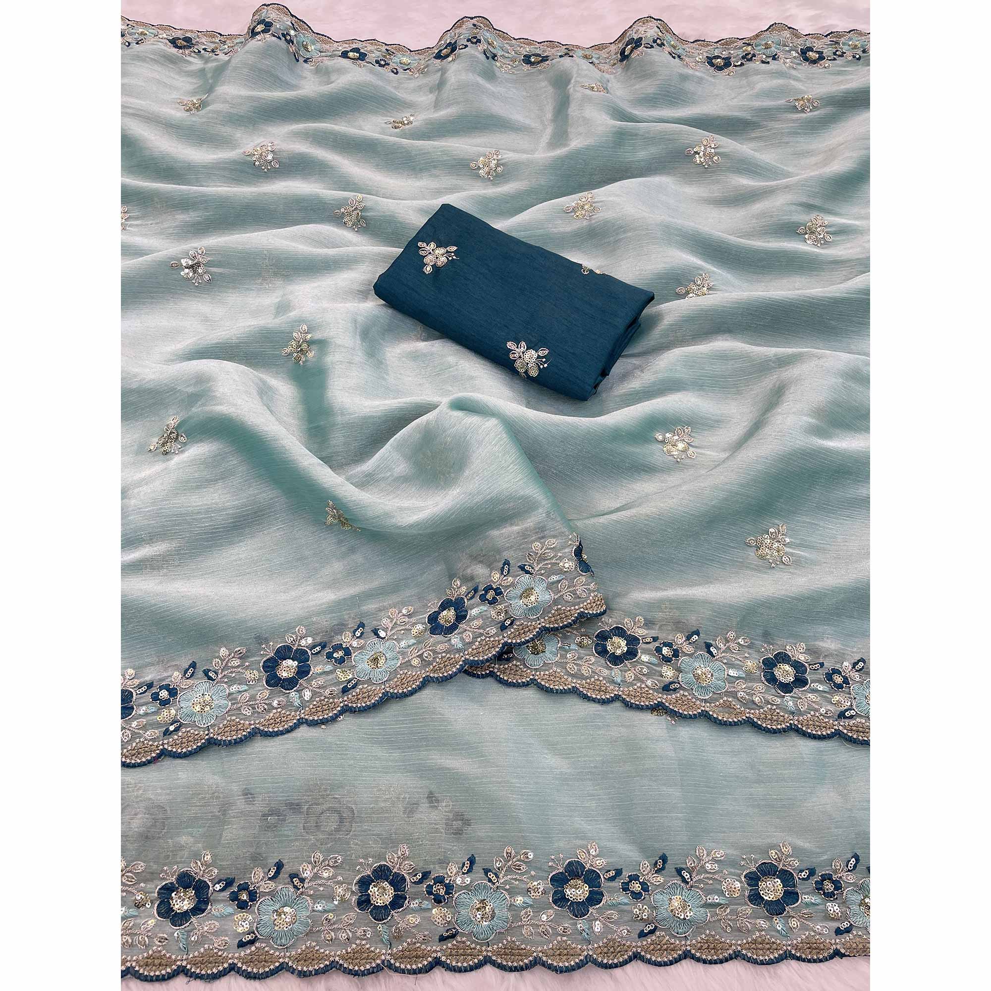 Blue Jimmy Choo Chiffon Saree Adorned With Floral Embroidery & Delicate Sequins Work